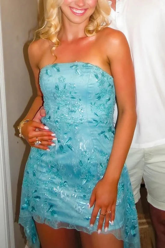 Blue Strapless Lace Appliques Sleeveless Short Homecoming Dress