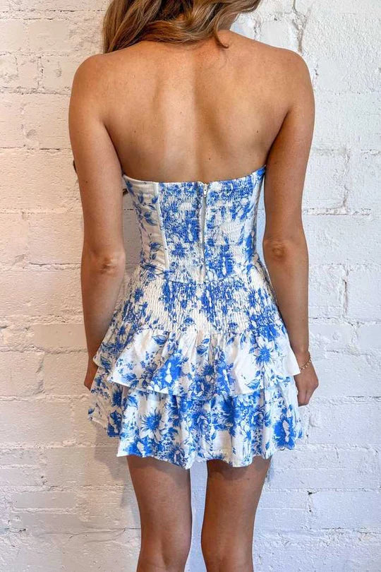 Blue&White Print Strapless Ruffles Sleeveless Short Homecoming Dress