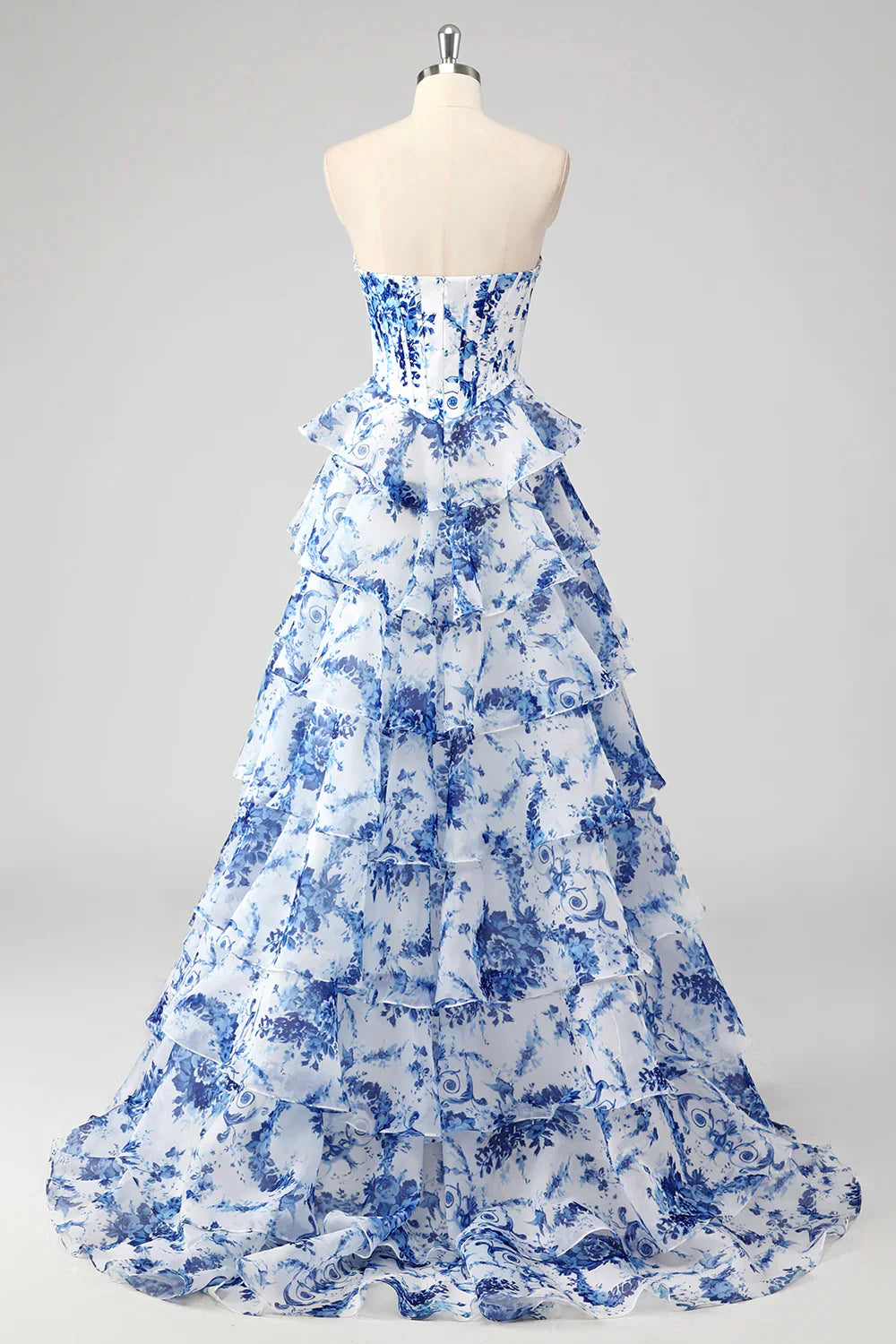 Blush Floral A-Line Strapless Ruffled Corset Printed Tiered Long Prom Dress with Slit