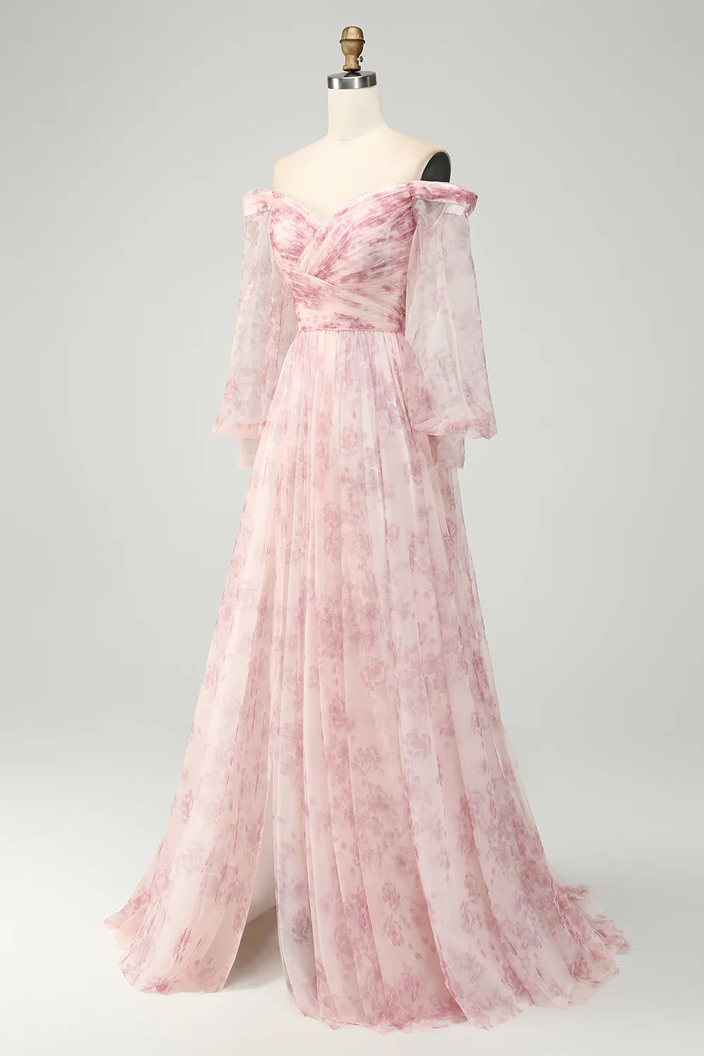 Blush Flower A-Line Off The Shoulder Print Maxi Dress With Slit