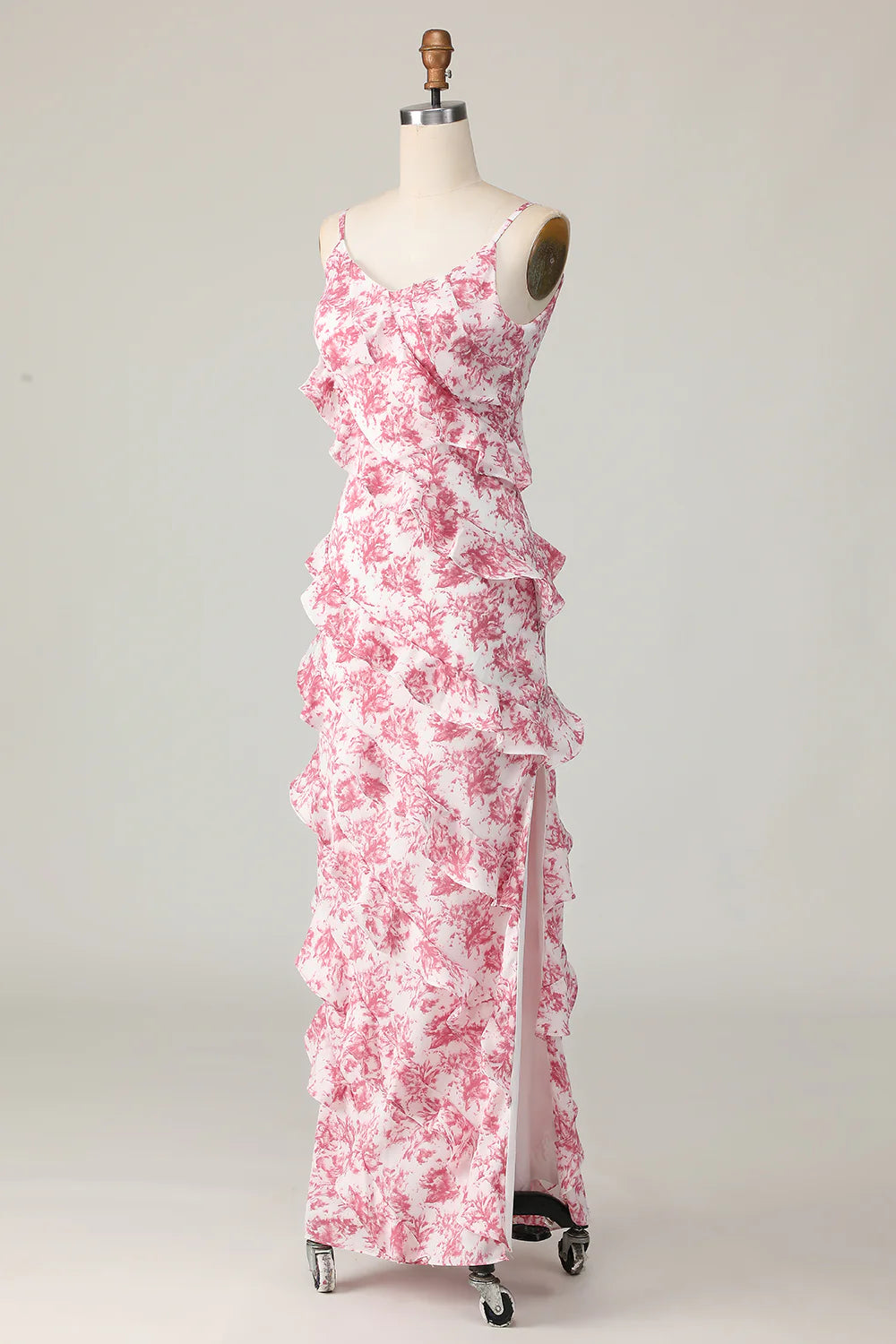 Blush Flower Sheath Spaghetti Straps Ruffled Wedding Guest Dress with Slit
