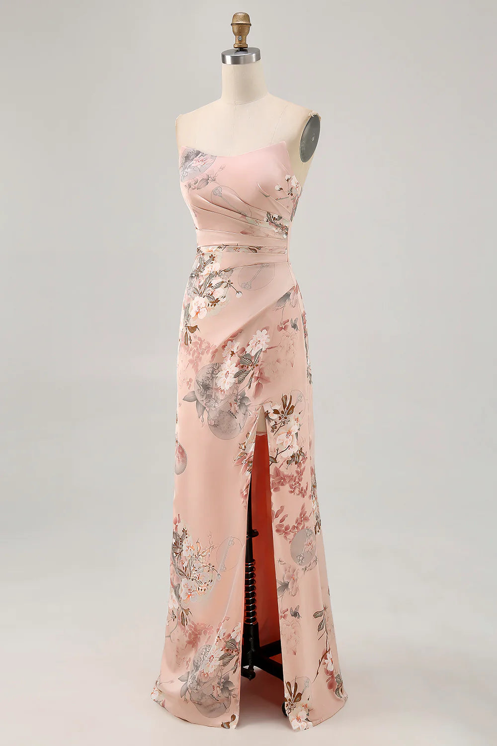 Blush Flower Sheath Strapless Printed Long Bridesmaid Dress with Slit