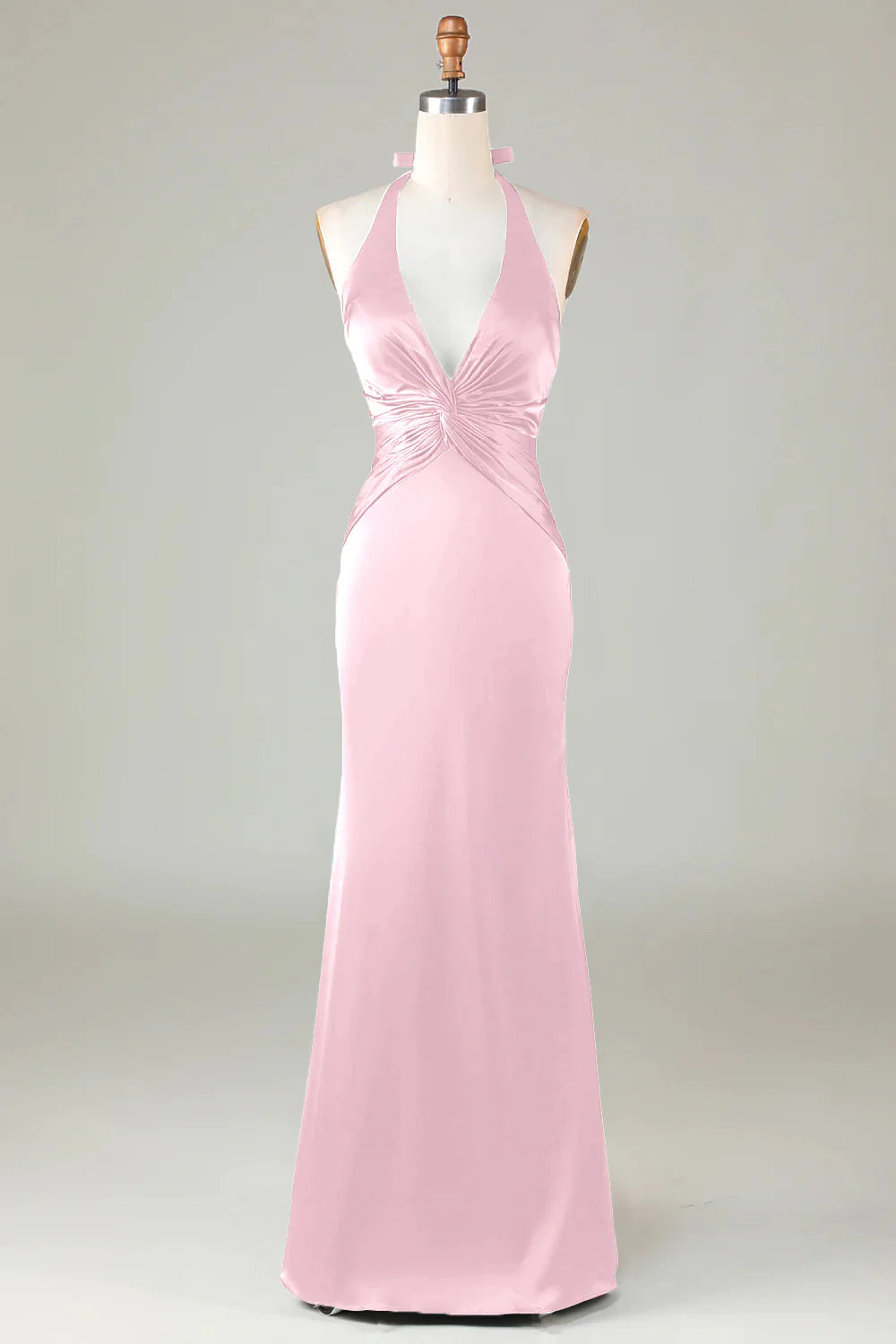 Blushing Pink Mermaid Halter V Neck Open Back Satin Ruched Long Bridesmaid Dress