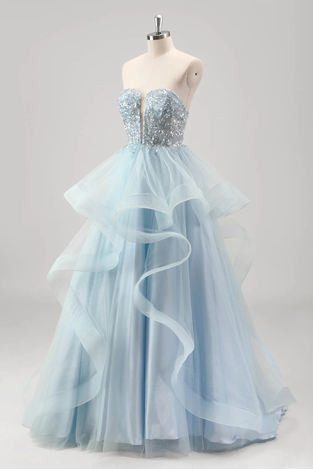Bright blue A-line strapless spiral pleated tight corset sequined pleated dress
