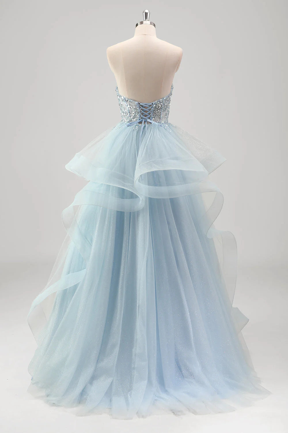 Bright blue A-line strapless spiral pleated tight corset sequined pleated dress