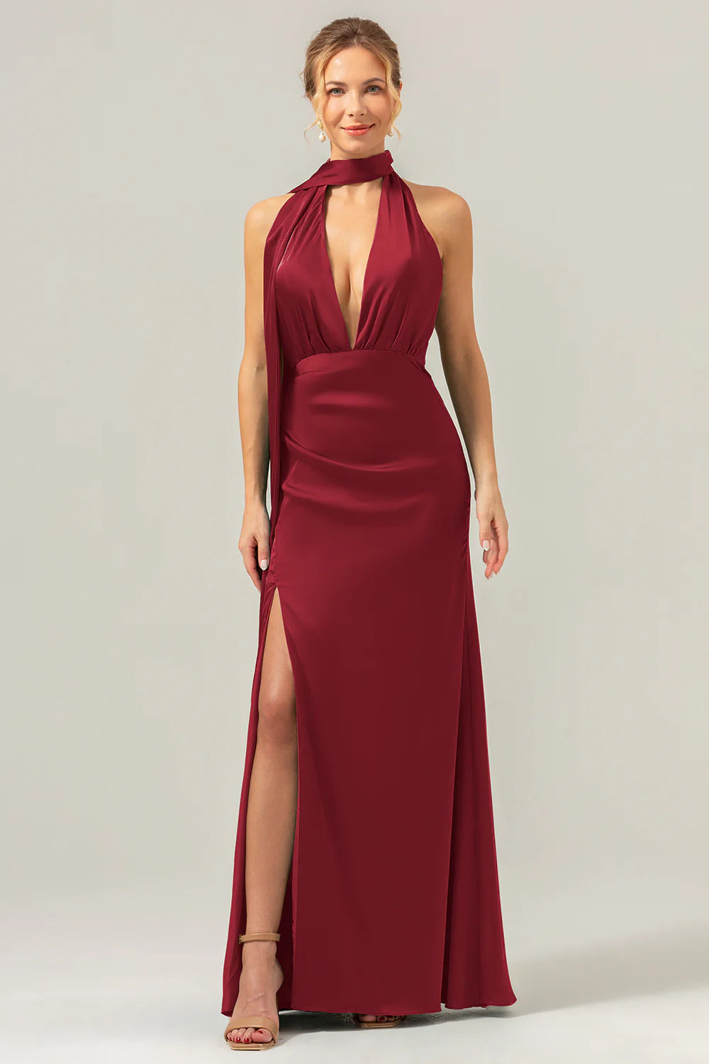 Deep V-neck backless long satin bridesmaid dress with tassels