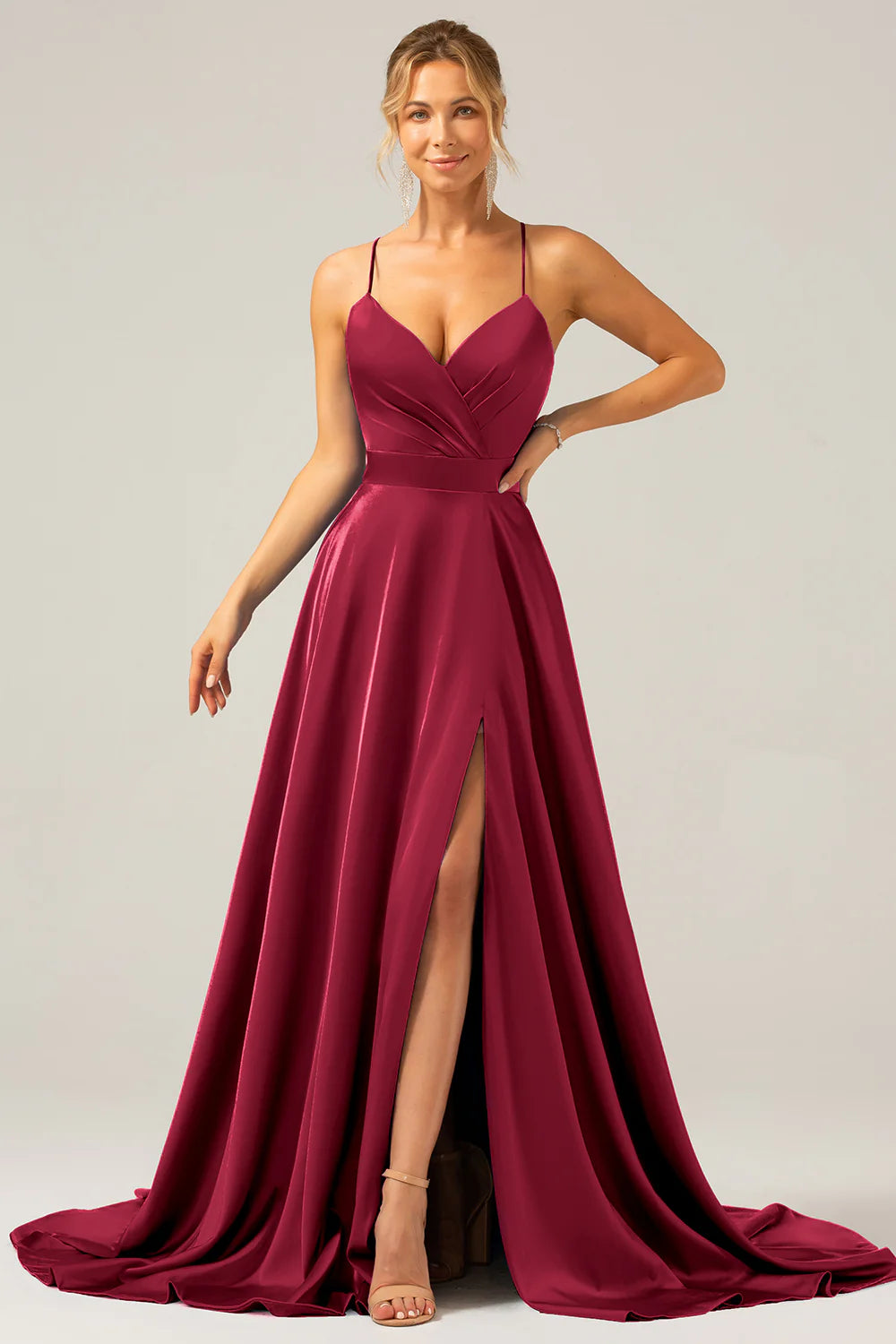 A-line V-neck pleated satin bridesmaid dress with slit
