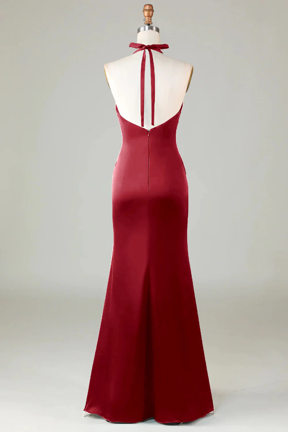 Blushing Pink Mermaid Halter V Neck Open Back Satin Ruched Long Bridesmaid Dress