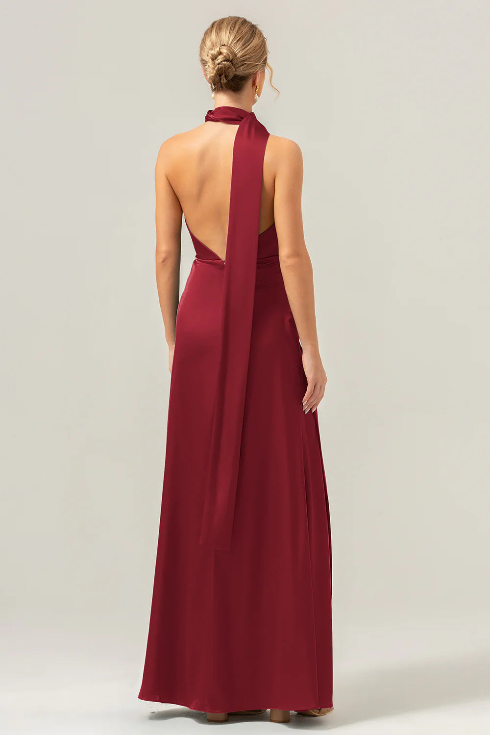 Deep V-neck backless long satin bridesmaid dress with tassels