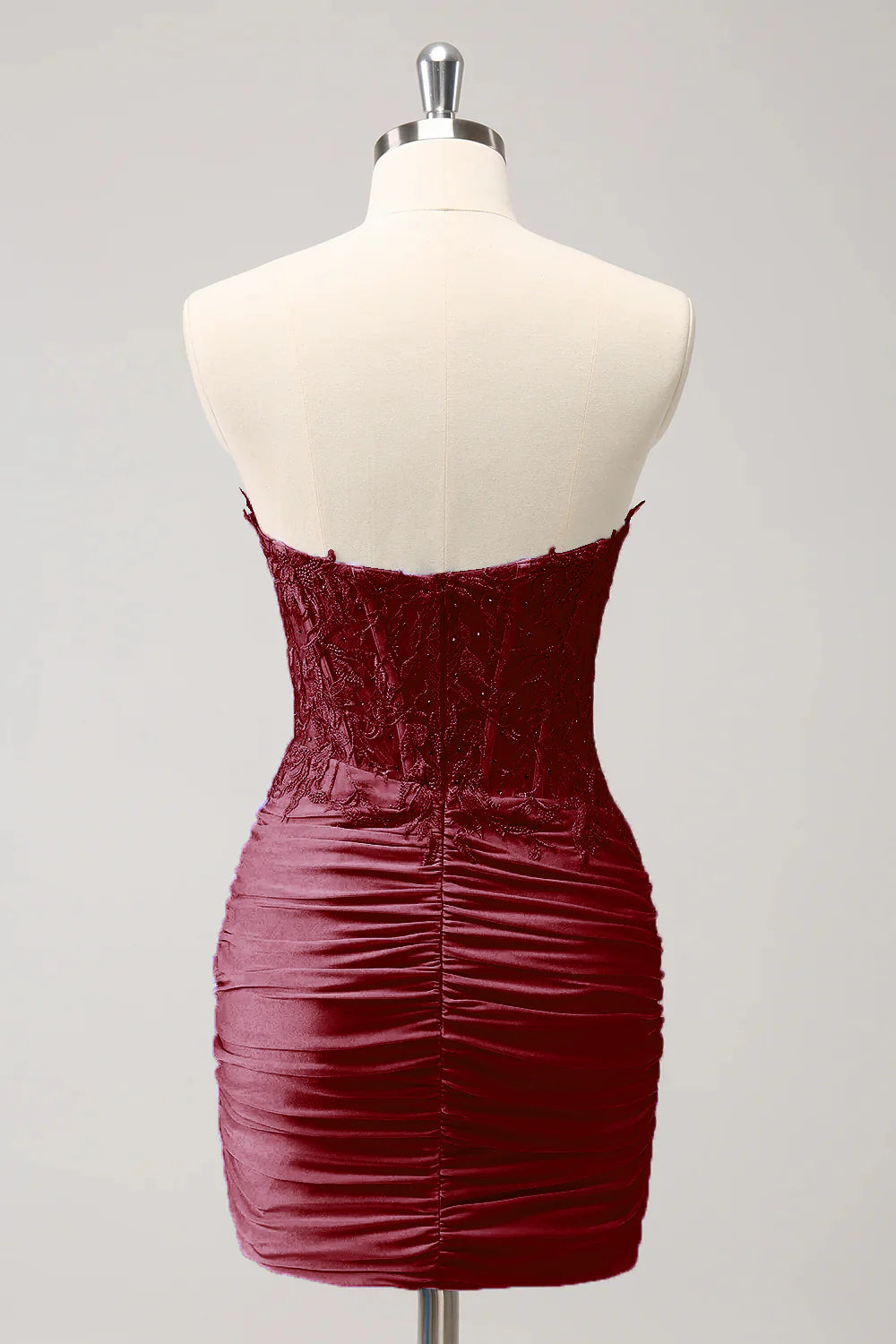 Sleeveless strapless tight fitting sweetheart corset with short pleats and beaded back to school dress
