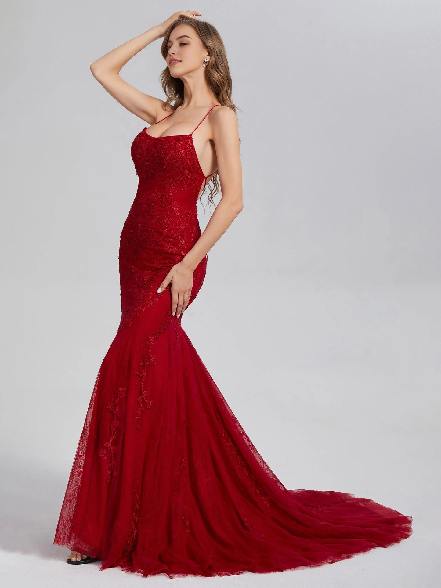 Burgundy Lace Mermaid Appliques Lace Prom Dress with Spaghetti Straps and Tulle Train