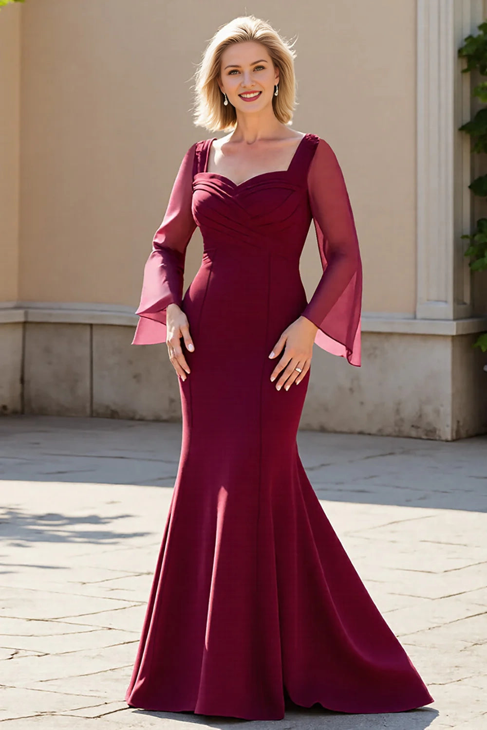 Burgundy Mermaid Long Sleeves Mother Of The Bride Dress