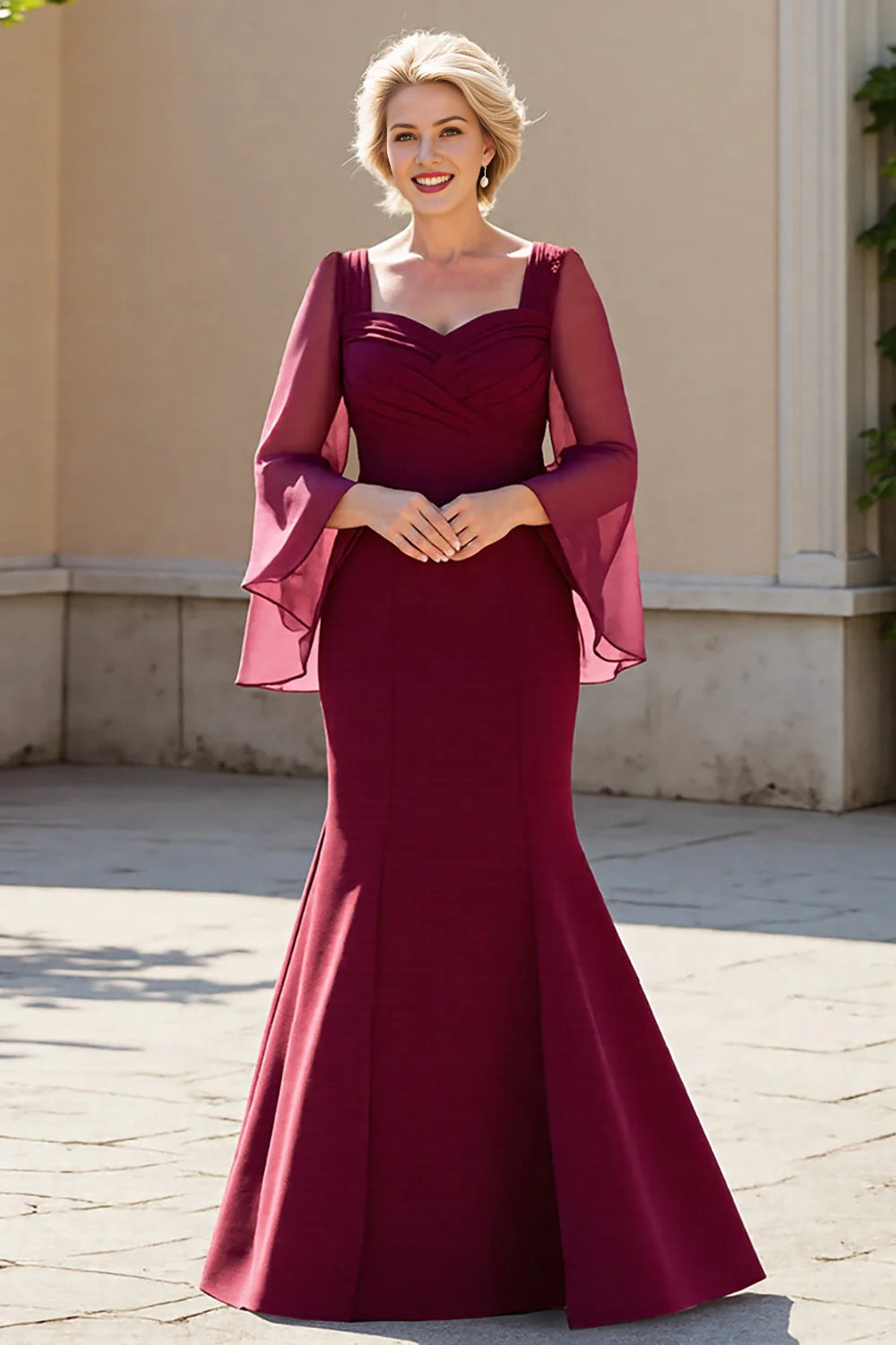 Burgundy Mermaid Long Sleeves Mother Of The Bride Dress