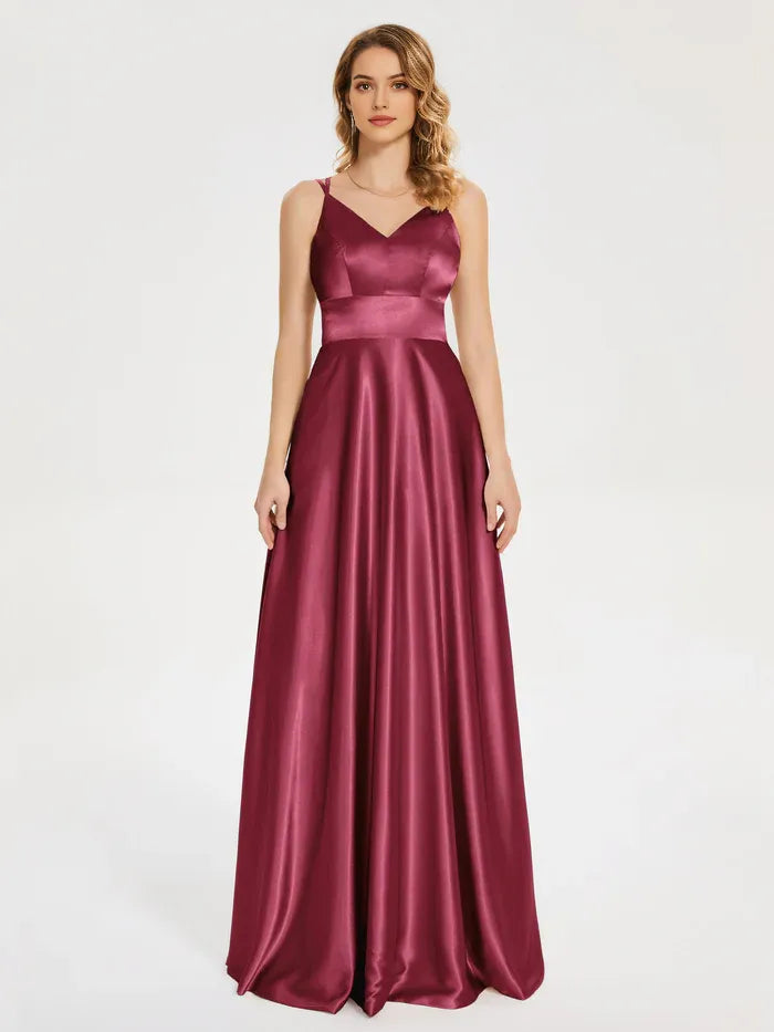 Burgundy Satin One - Shoulder Spaghetti Straps Soft Satin Prom Dress with V - Neckline Waist Defining Band Flowy A - Line Skirt