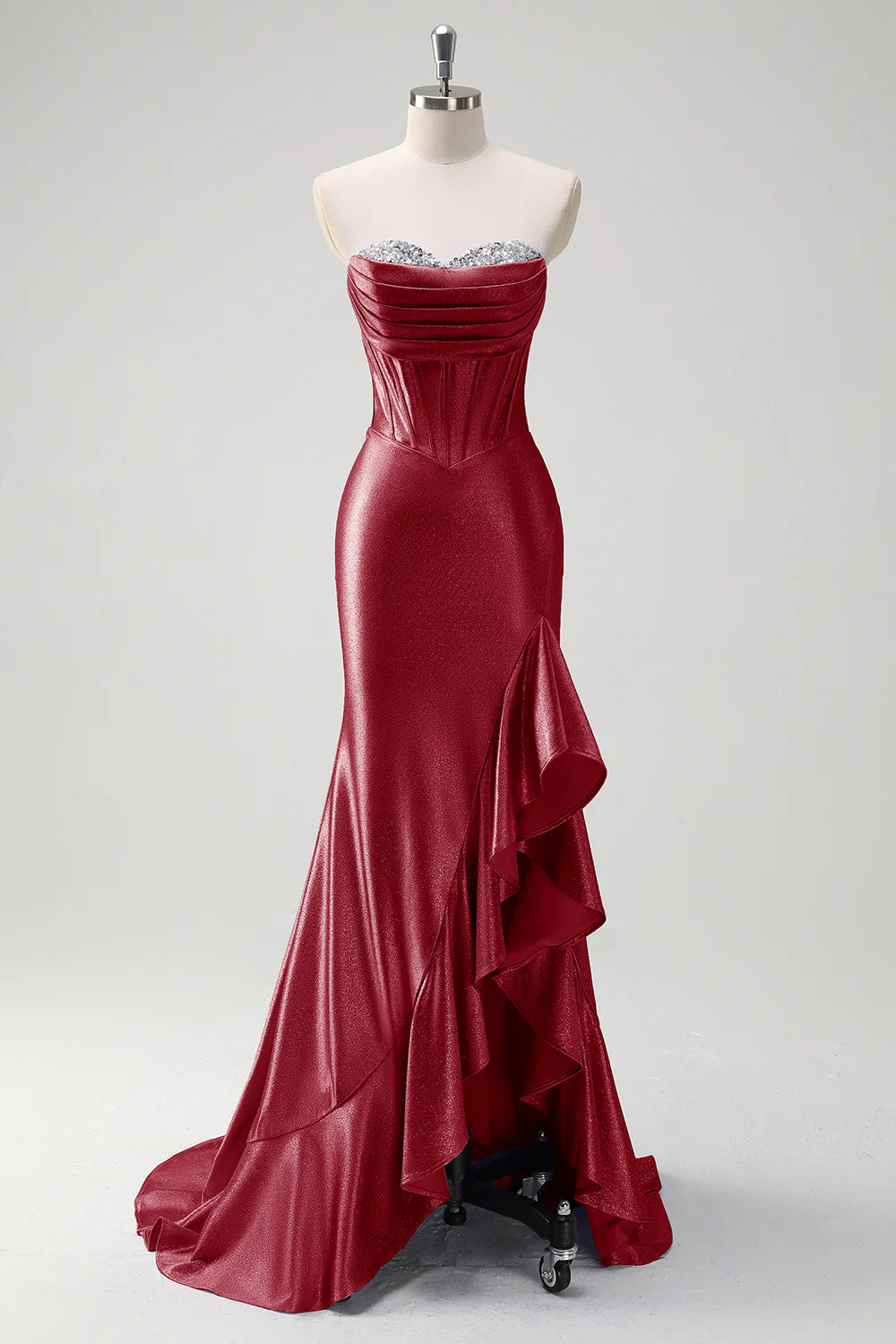 Sparkly Mermaid Strapless Corset Sequin Long Prom Dress with Ruffle Slit