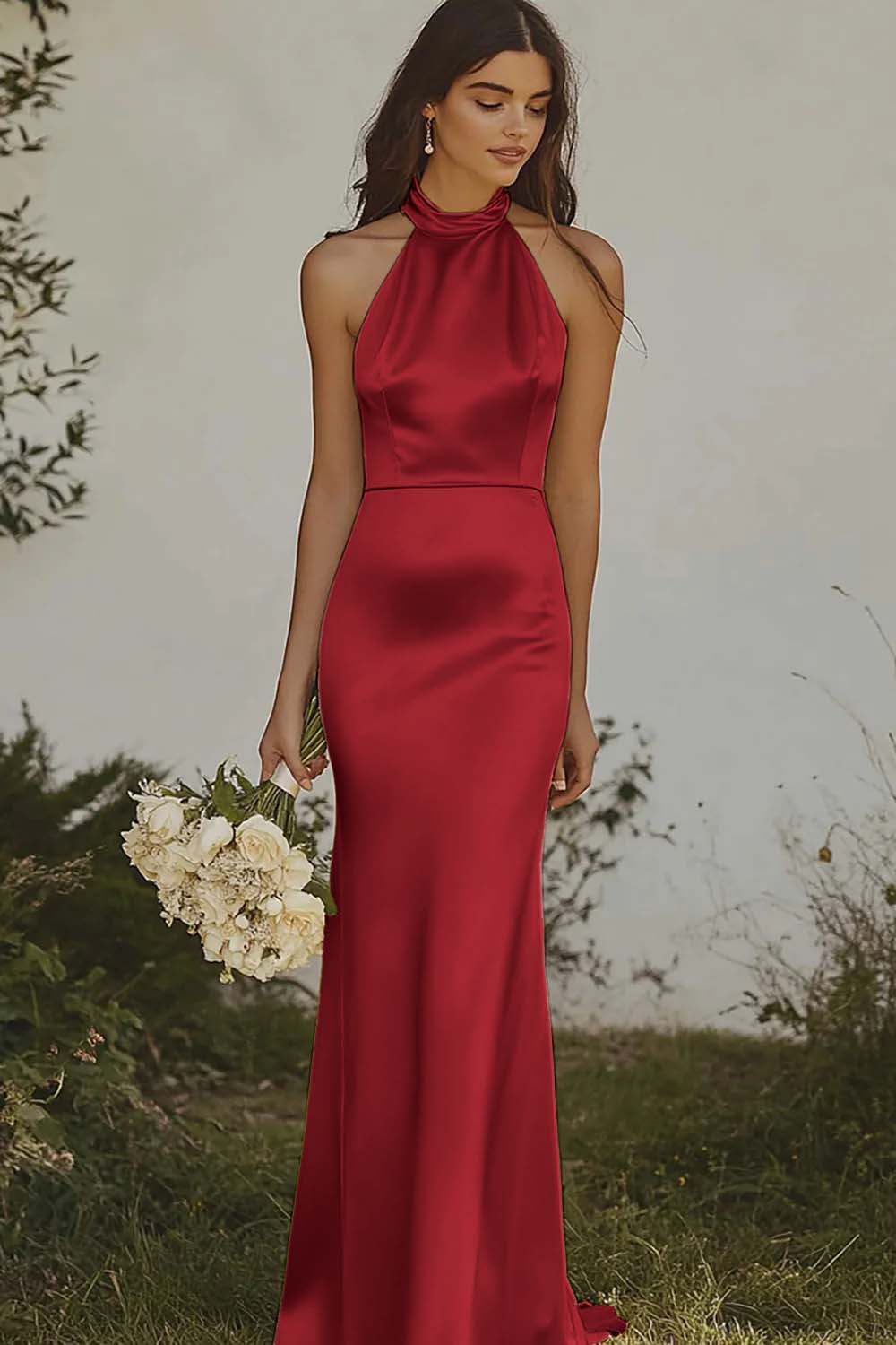 Hanging neck and exposed back mermaid suspender satin long dress