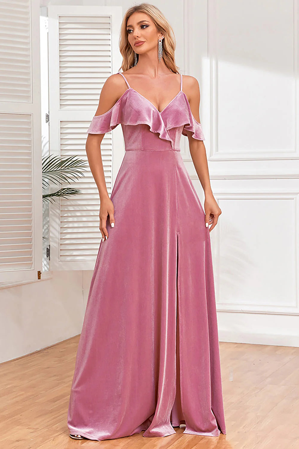 Glitter Dusty Rose Velvet Cold Shoulder Formal Dress with Slit