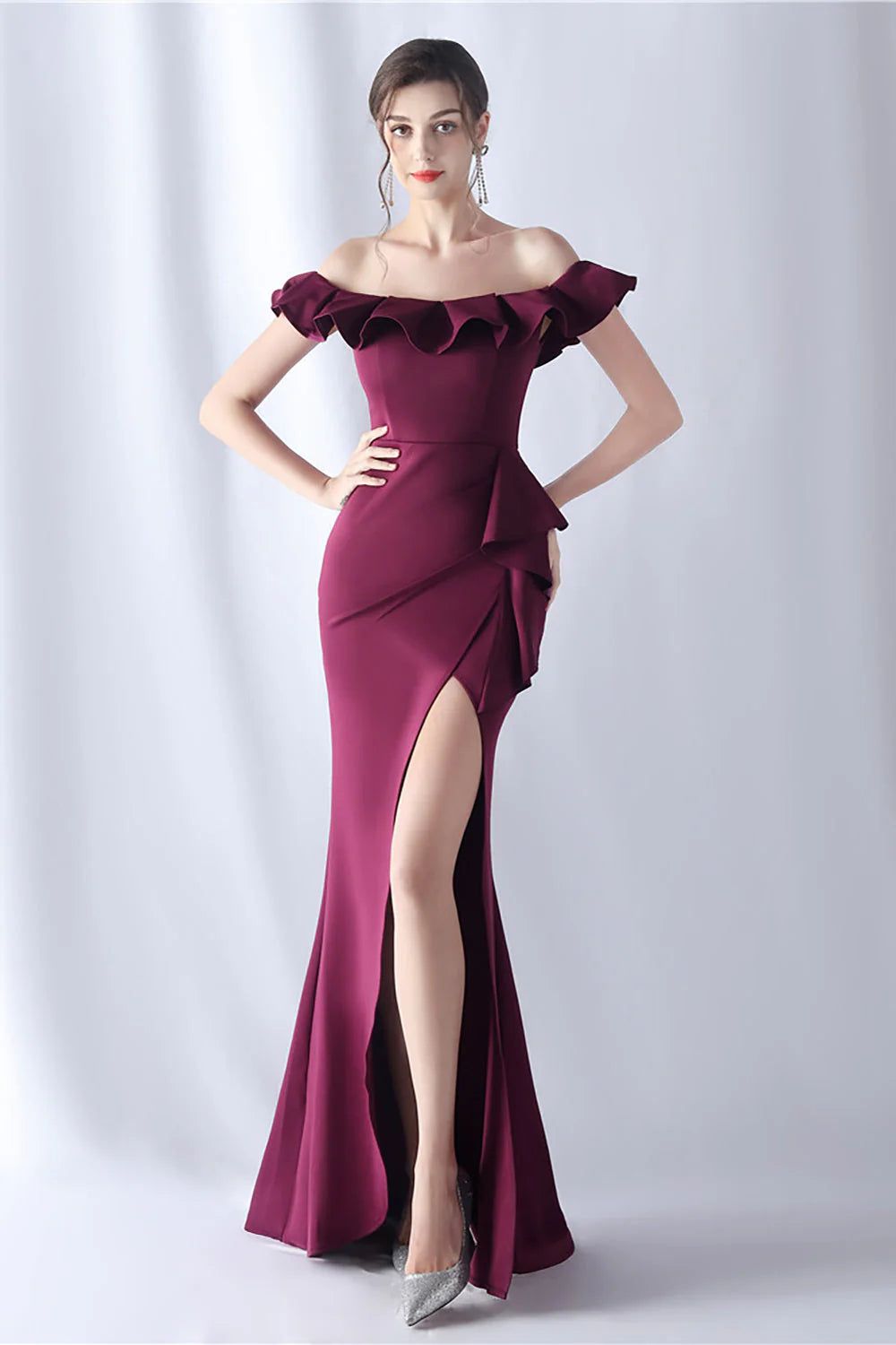 Mermaid off shoulder long formal dress with ruffles