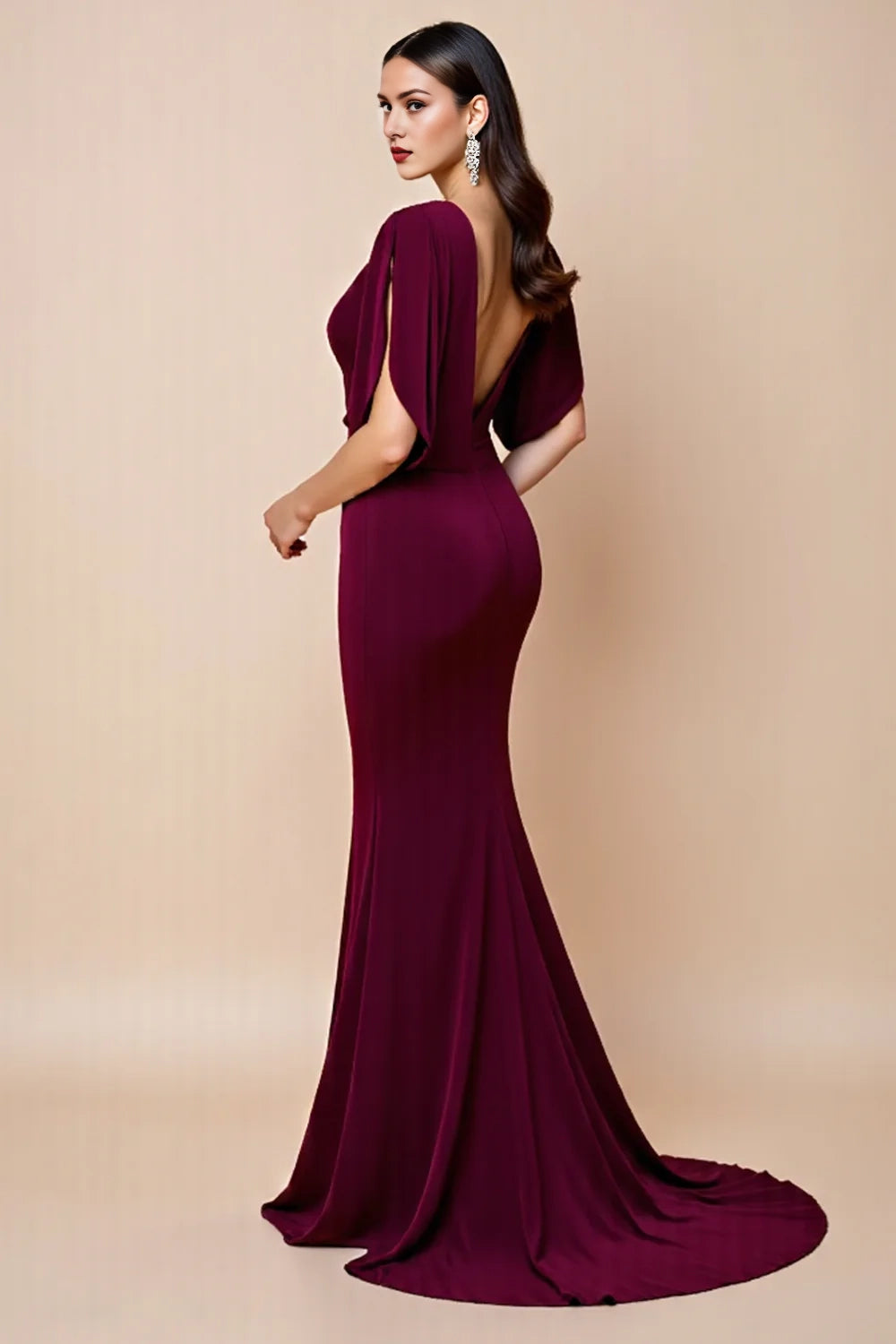Cabernet Ruched V Neck Mermaid Long Mother Of The Bride Dress