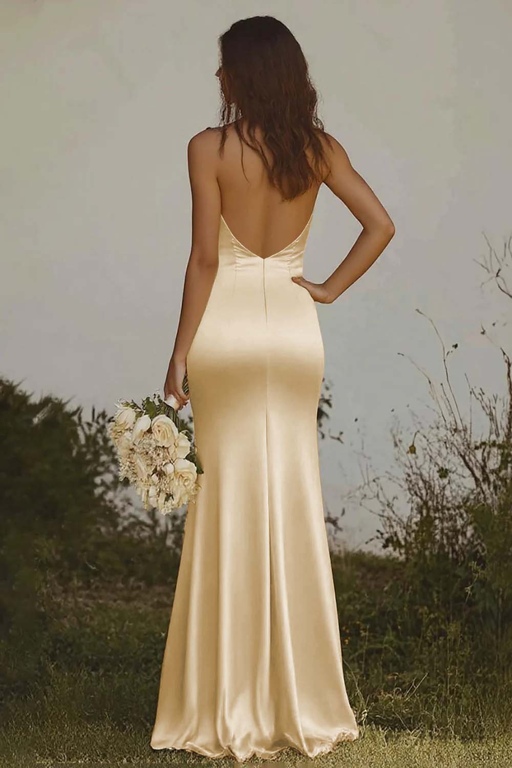 Hanging neck and exposed back mermaid suspender satin long dress