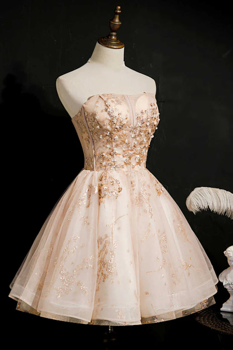 Champagne Beaded Strapless A-Line Short Homecoming Dress