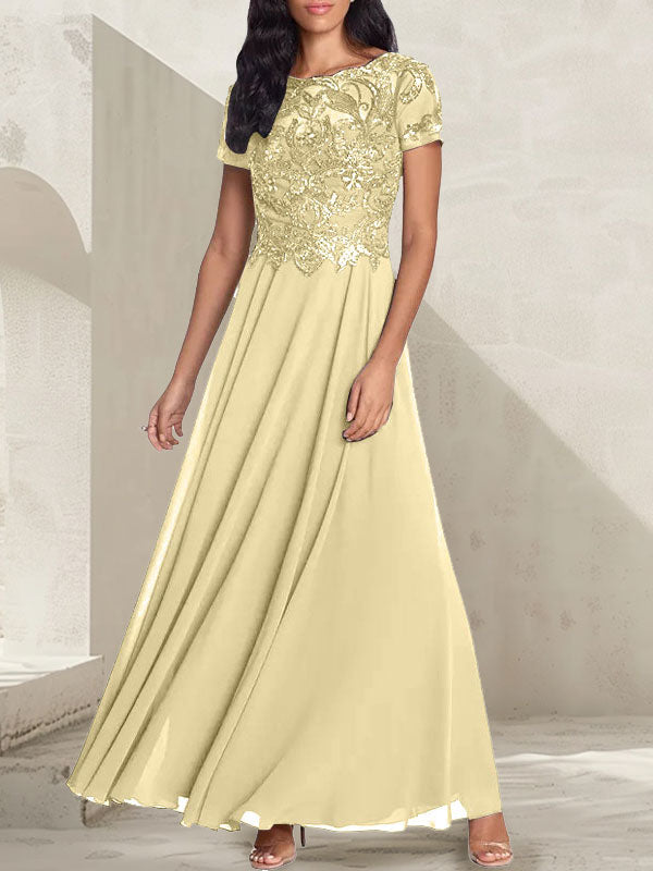 A-line short sleeved long bridal mother dress
