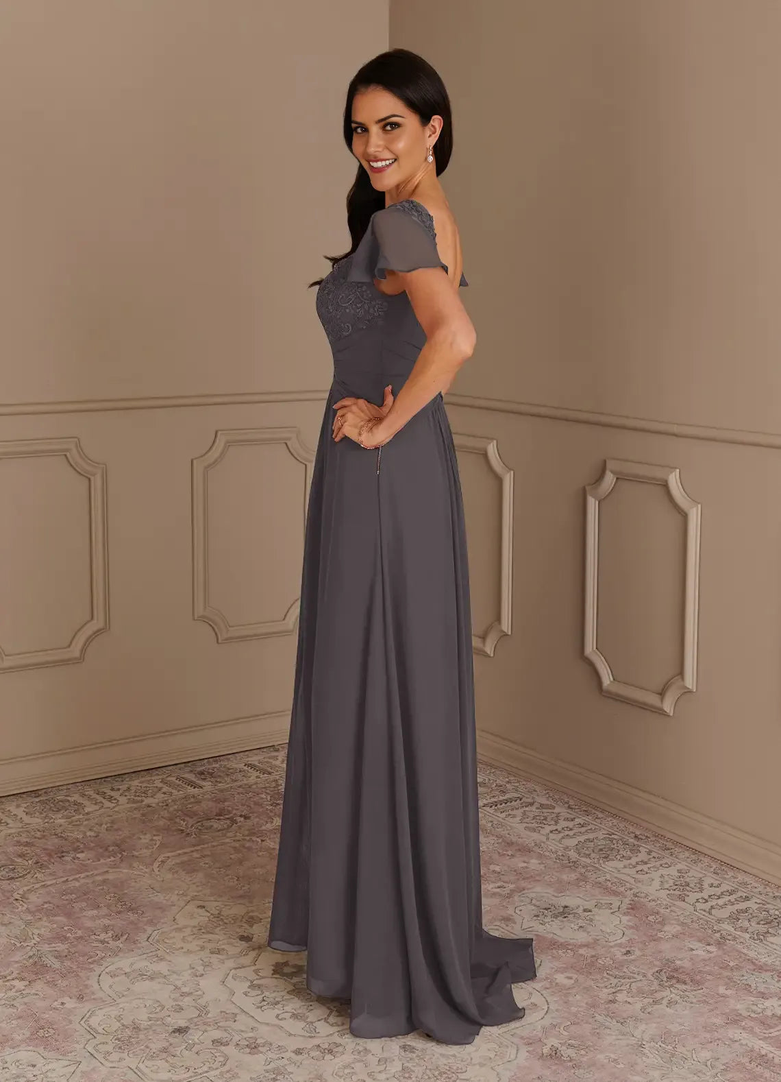 Charming A-Line Lace Sweetheart Cap Sleeves V back Back Zip Sweep train Mother of the Bride Dress hot sale