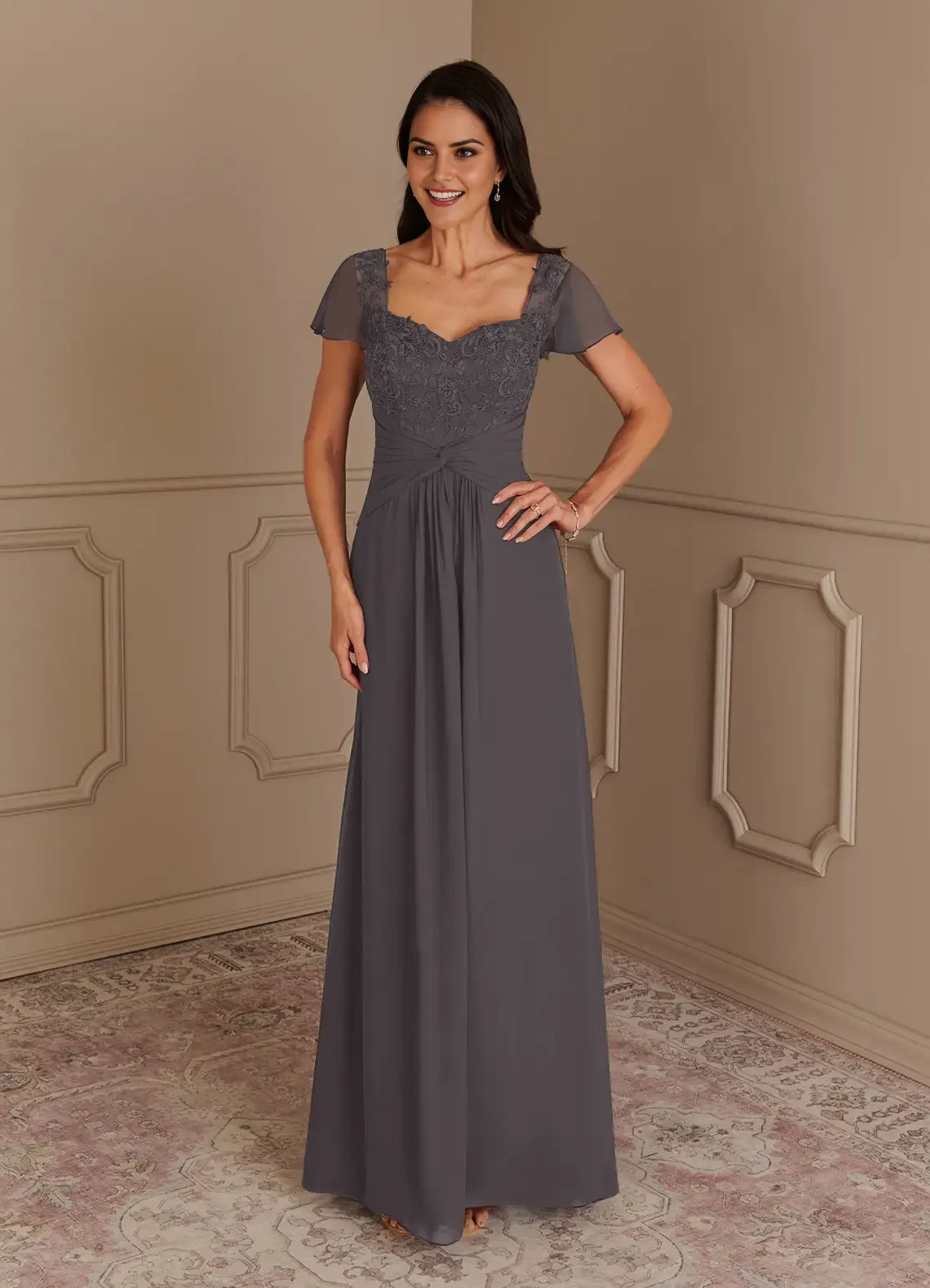 Charming A-Line Lace Sweetheart Cap Sleeves V back Back Zip Sweep train Mother of the Bride Dress hot sale