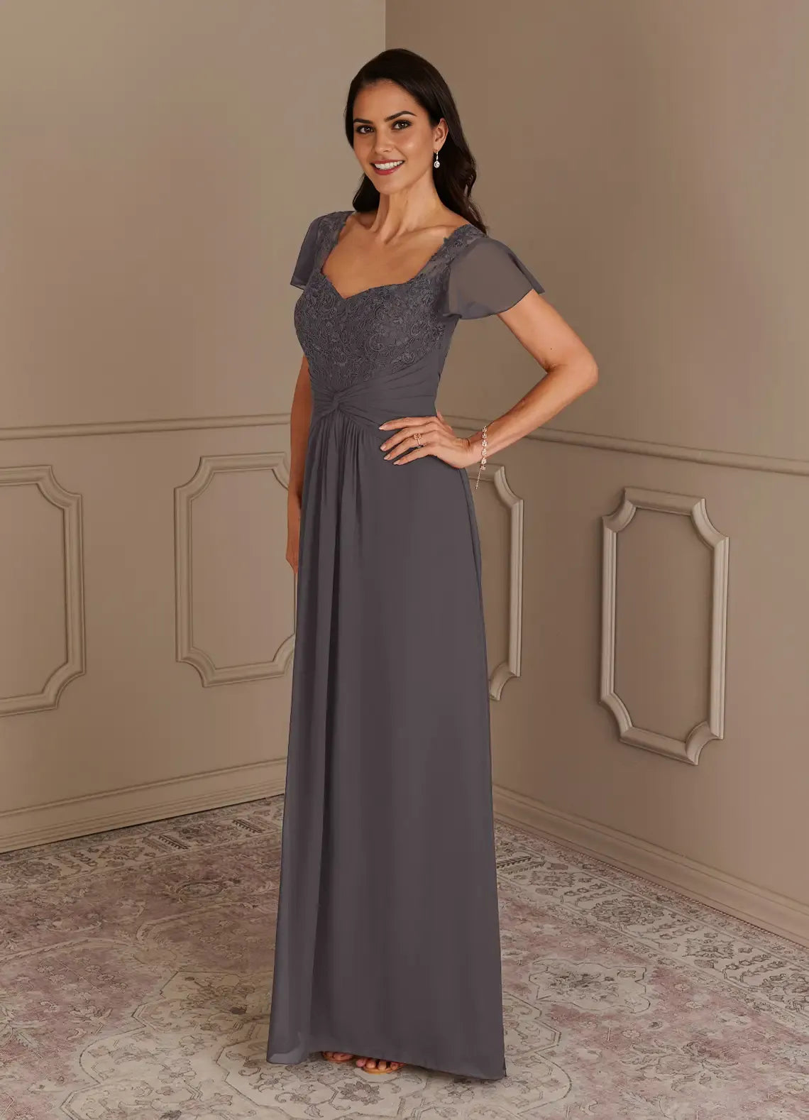 Charming A-Line Lace Sweetheart Cap Sleeves V back Back Zip Sweep train Mother of the Bride Dress hot sale
