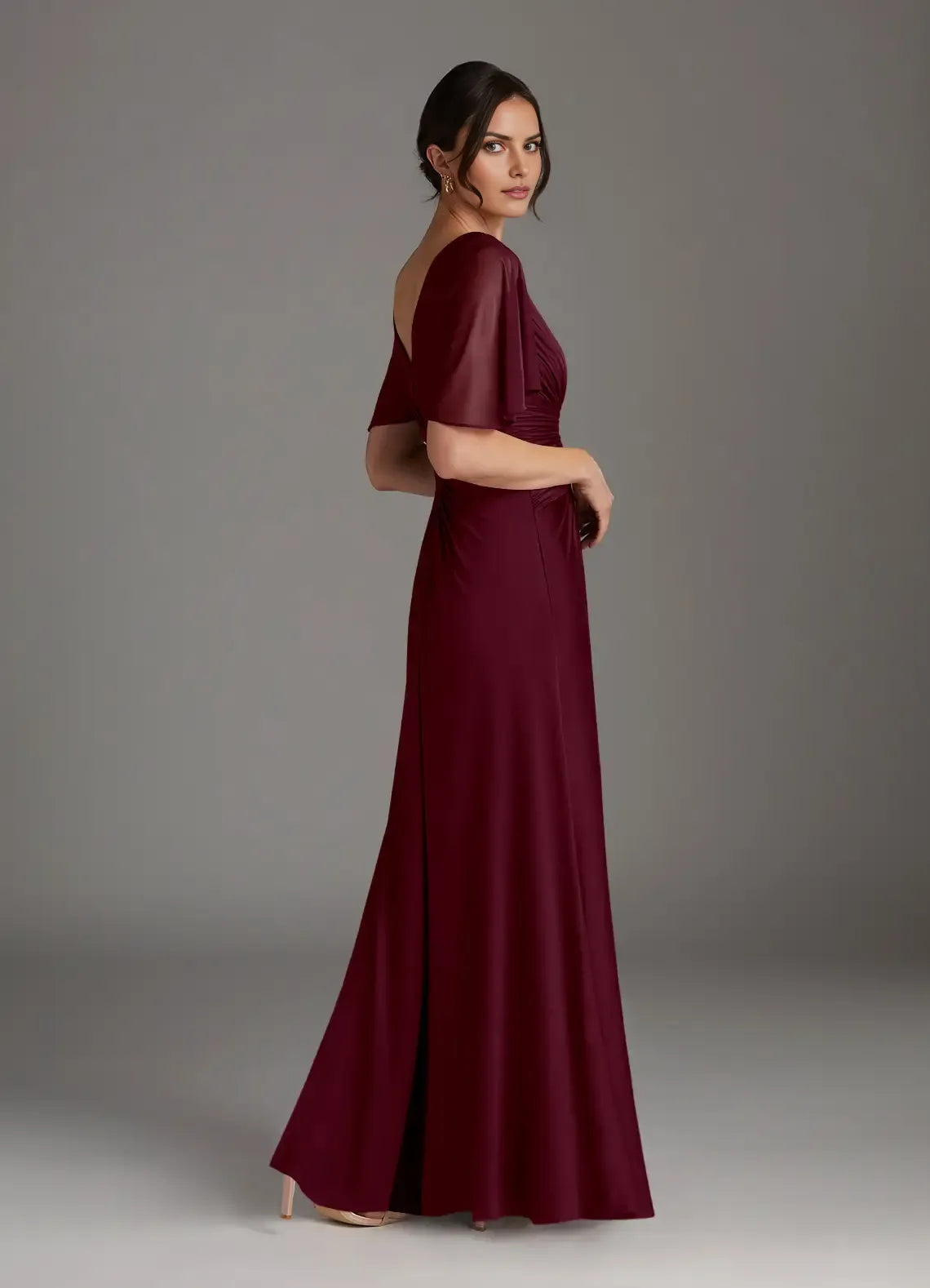 Charming A-Line V-Neck Flutter Sleeve V back Back Zip Floor-Length Mother of the Bride Dress for bride hot sale