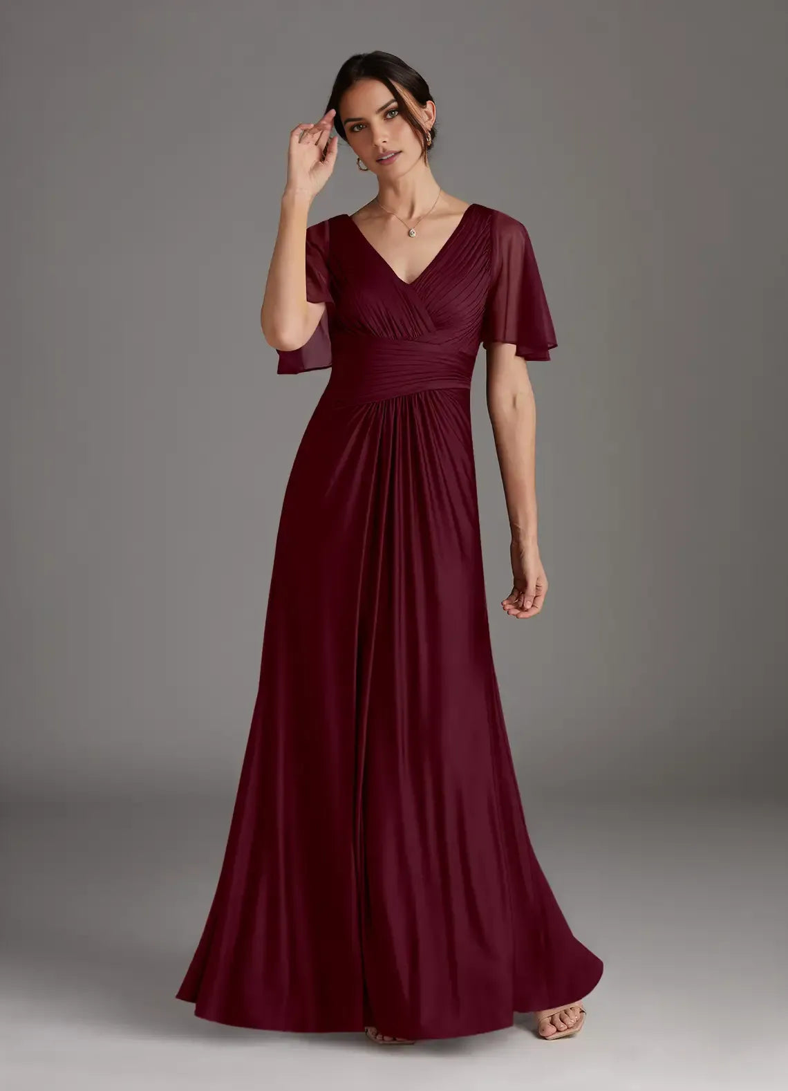 Charming A-Line V-Neck Flutter Sleeve V back Back Zip Floor-Length Mother of the Bride Dress for bride hot sale