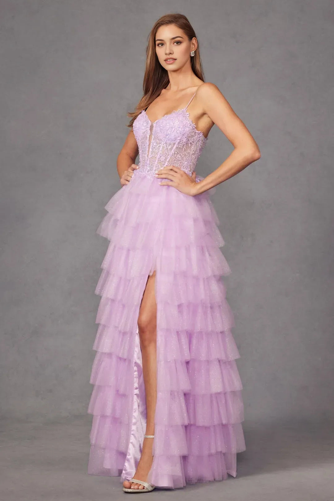 Charming A-Line sweetheart Applique Sleeveless Lace Up Sequins Floor length side leg slit tiered ruffles prom dress for women hot sale