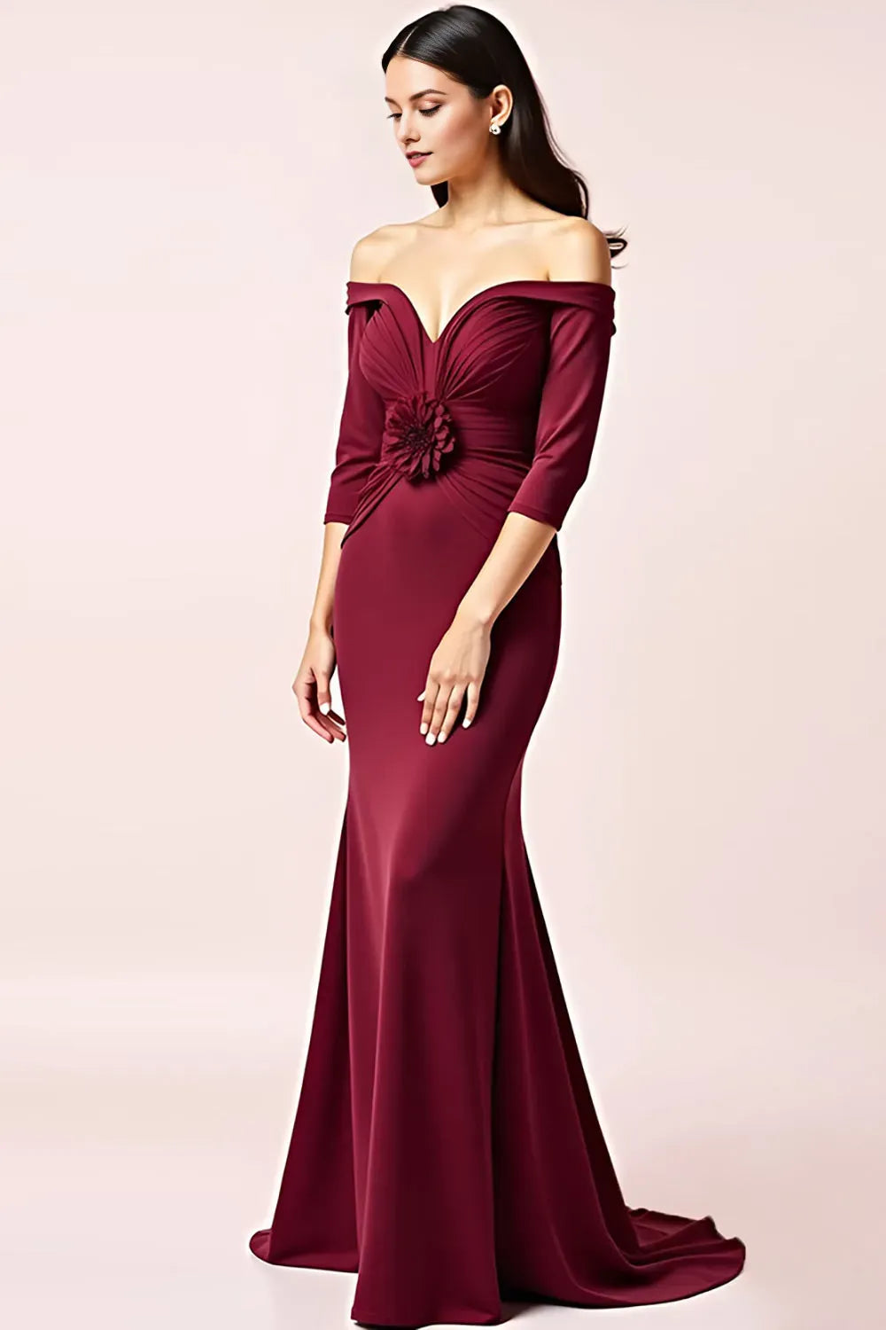 Charming Burgundy Off-Shoulder 3/4 Sleeve Flower Accent Mermaid Mother of the Bride Dress ready to ship