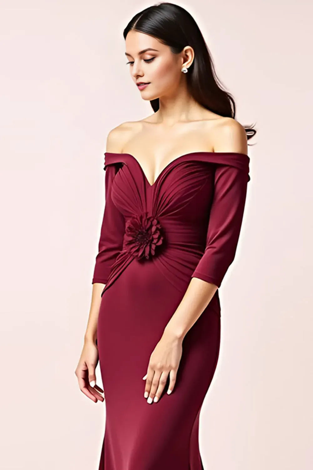 Charming Burgundy Off-Shoulder 3/4 Sleeve Flower Accent Mermaid Mother of the Bride Dress ready to ship