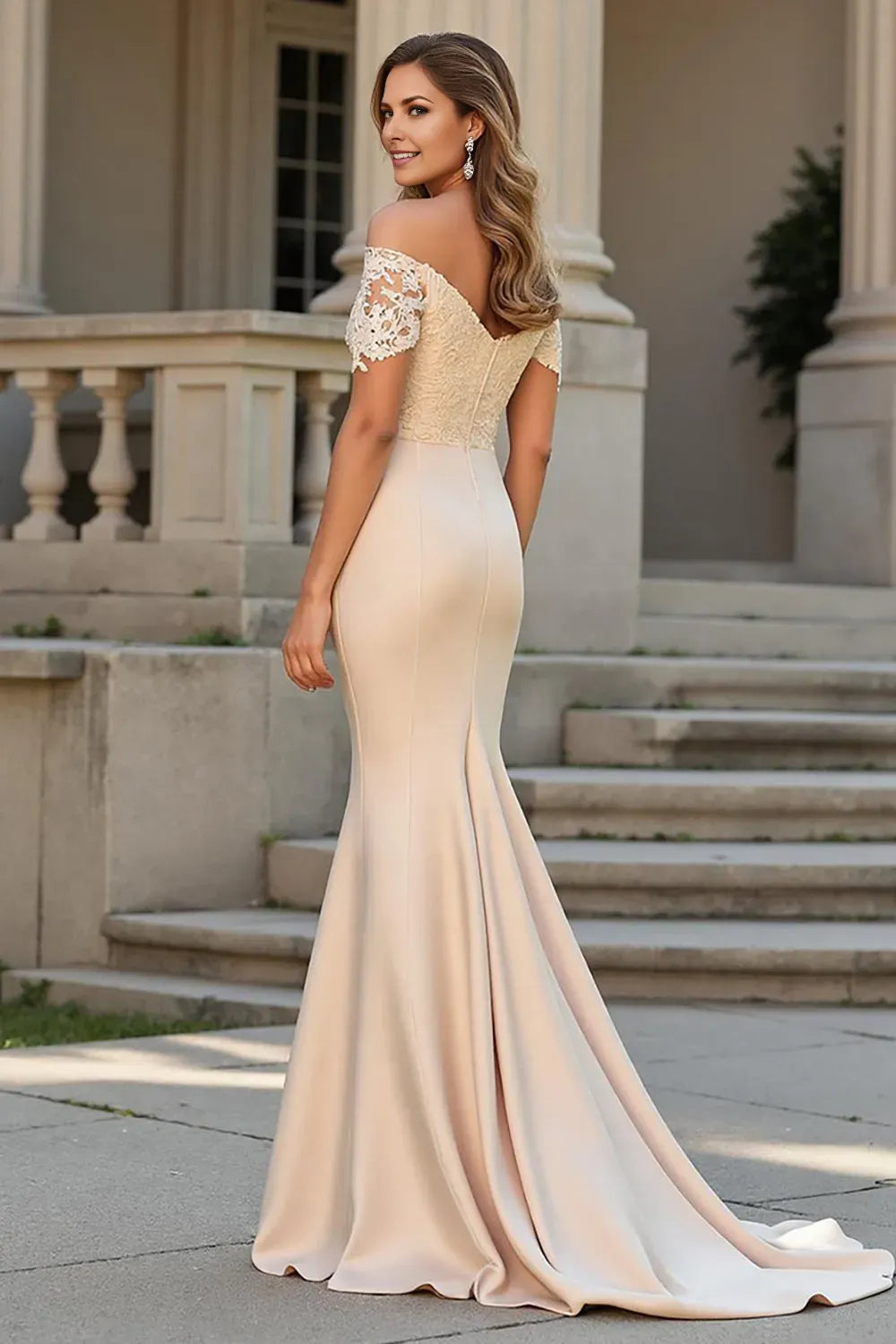 Charming Champagne Sheath Satin Off-Shoulder Sleeveless Lace Bodice Mermaid Mother of the Bride Dress hot sale