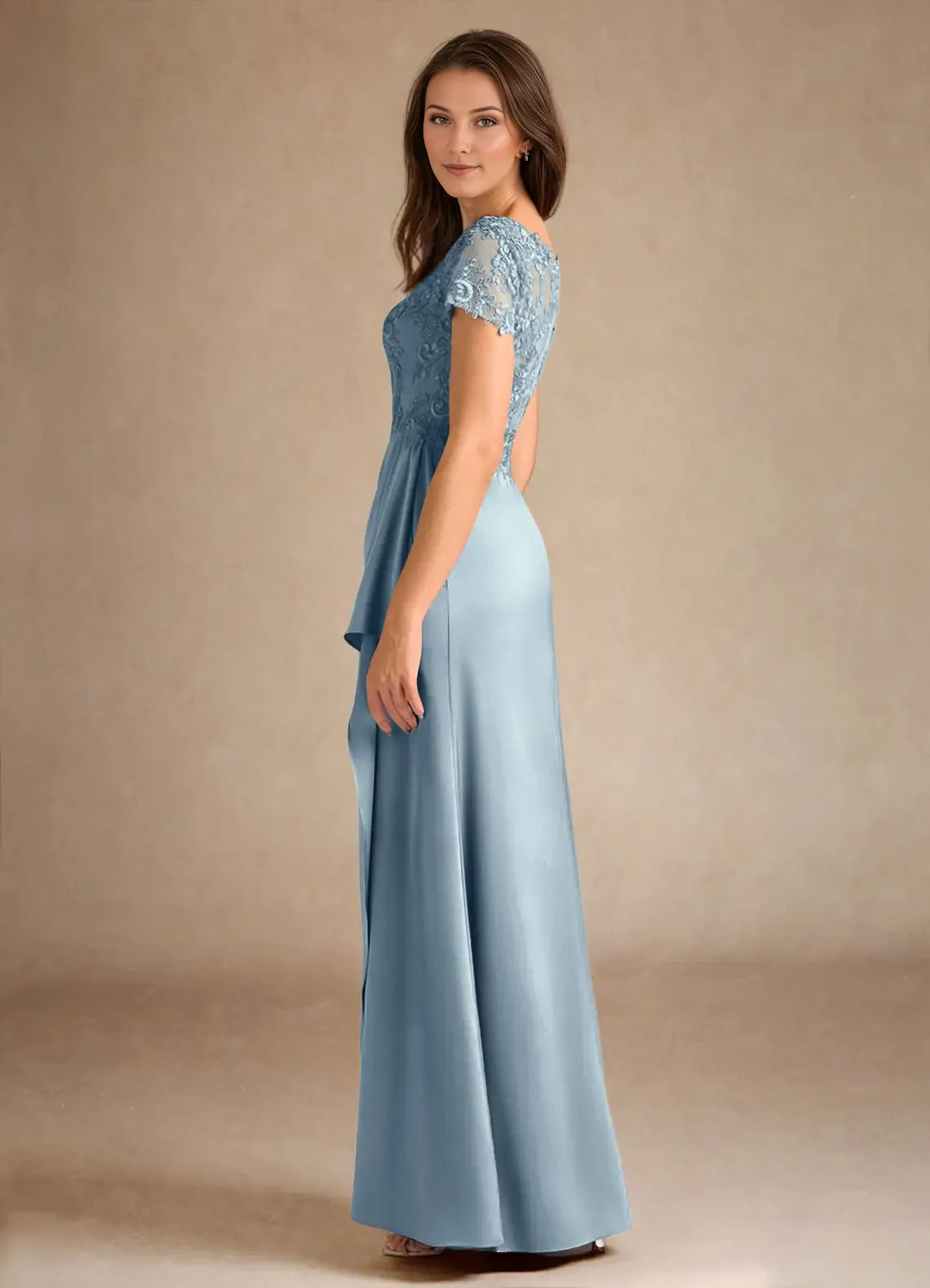 Charming Dusty Blue A-Line Lace V-Neck Short Sleeves Illusion Back Zip Floor-Length Mother of the Bride Dress for female guests