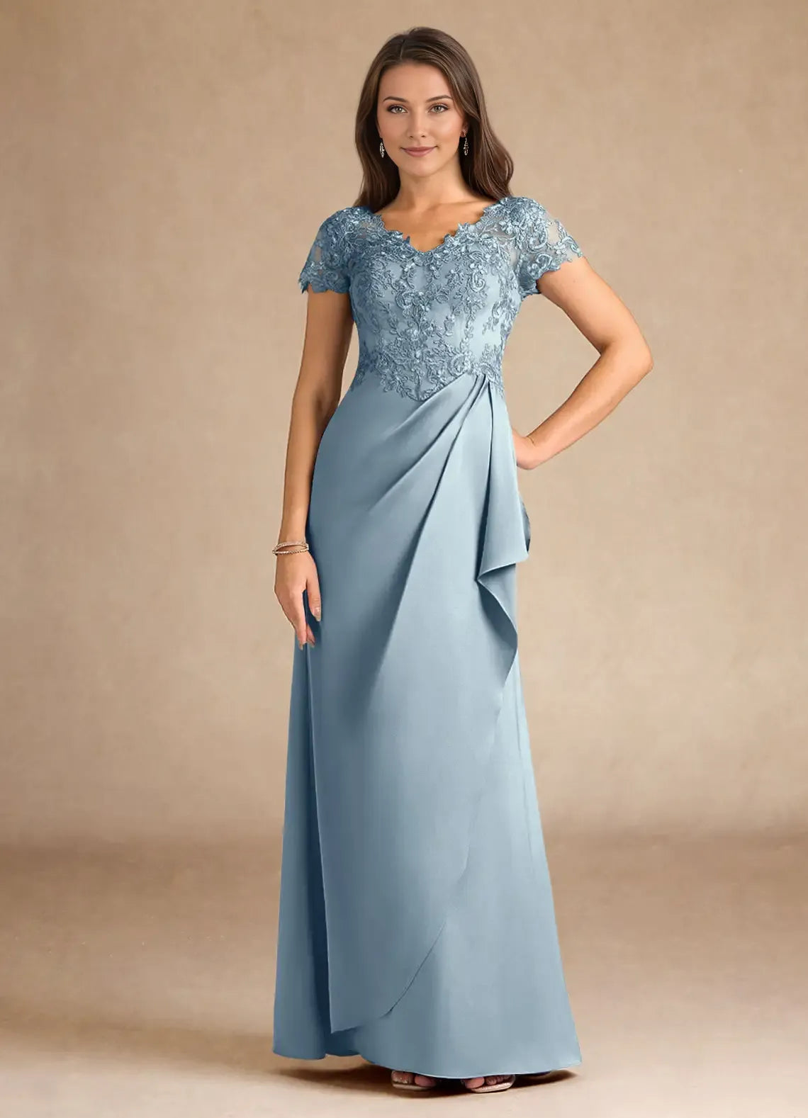 Charming Dusty Blue A-Line Lace V-Neck Short Sleeves Illusion Back Zip Floor-Length Mother of the Bride Dress for female guests