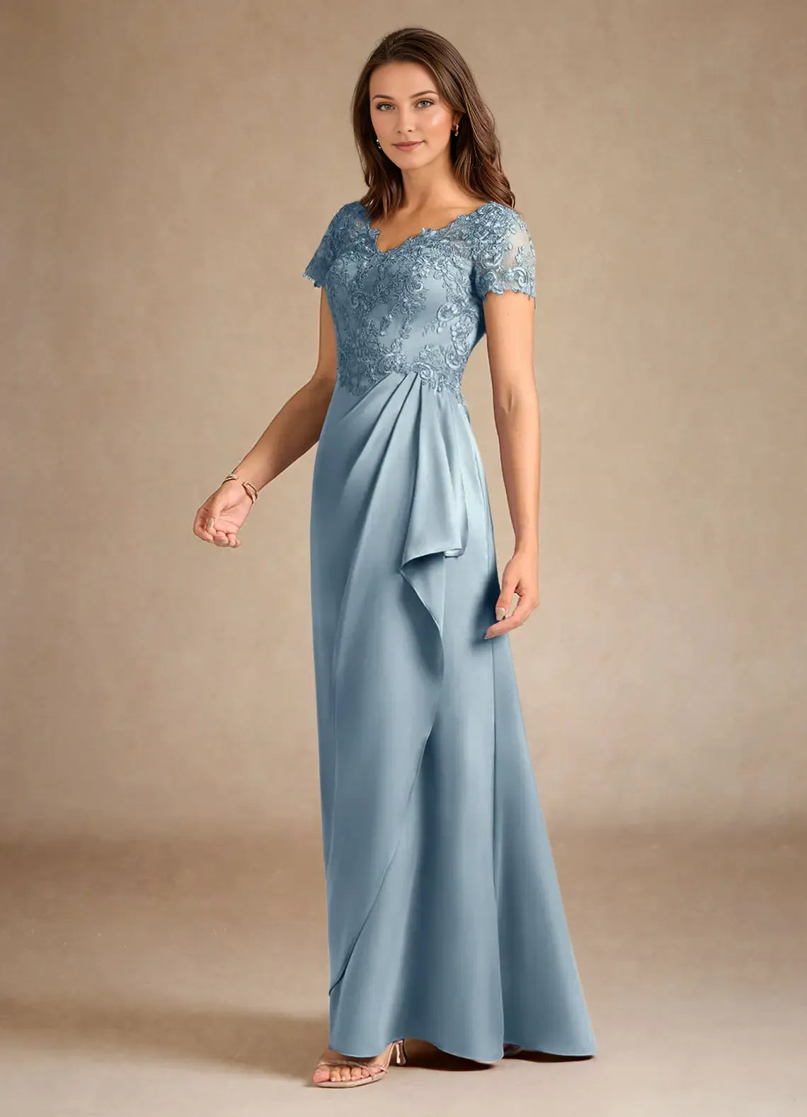 Charming Dusty Blue A-Line Lace V-Neck Short Sleeves Illusion Back Zip Floor-Length Mother of the Bride Dress for female guests