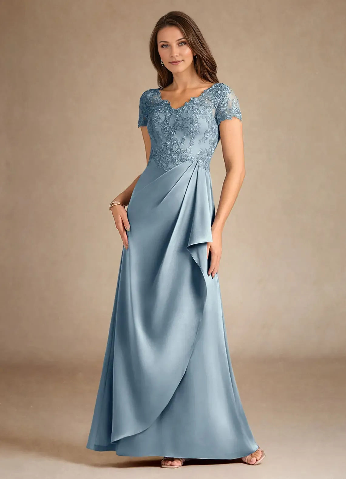 Charming Dusty Blue A-Line Lace V-Neck Short Sleeves Illusion Back Zip Floor-Length Mother of the Bride Dress for female guests