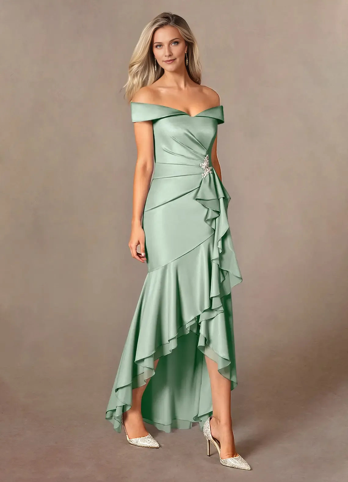 Charming Mermaid Off the Shoulder Satin Cold Shoulder Sleeve Back Zip Asymmetrical Mother of the Bride Dress for female guests for sale