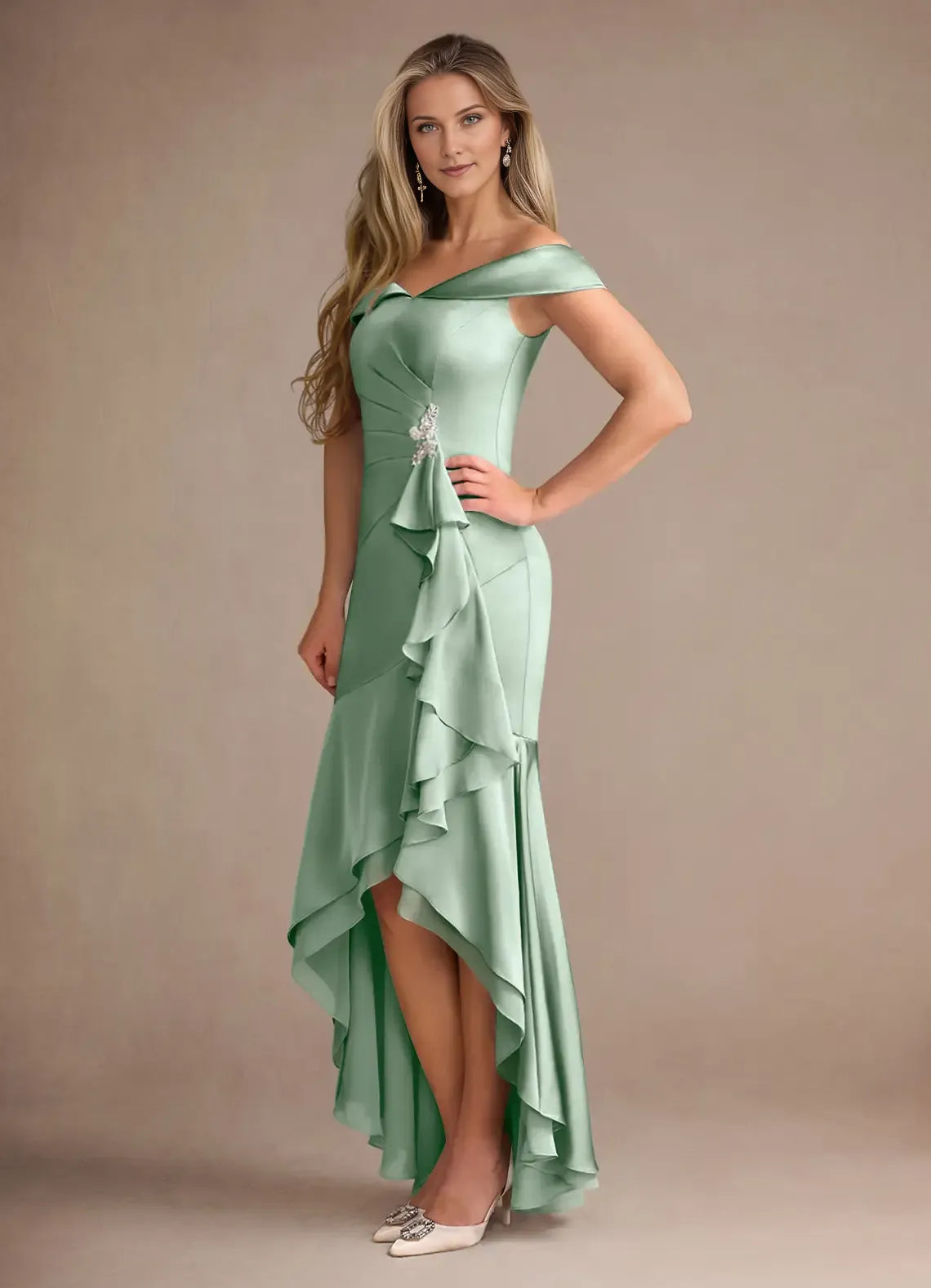 Charming Mermaid Off the Shoulder Satin Cold Shoulder Sleeve Back Zip Asymmetrical Mother of the Bride Dress for female guests for sale