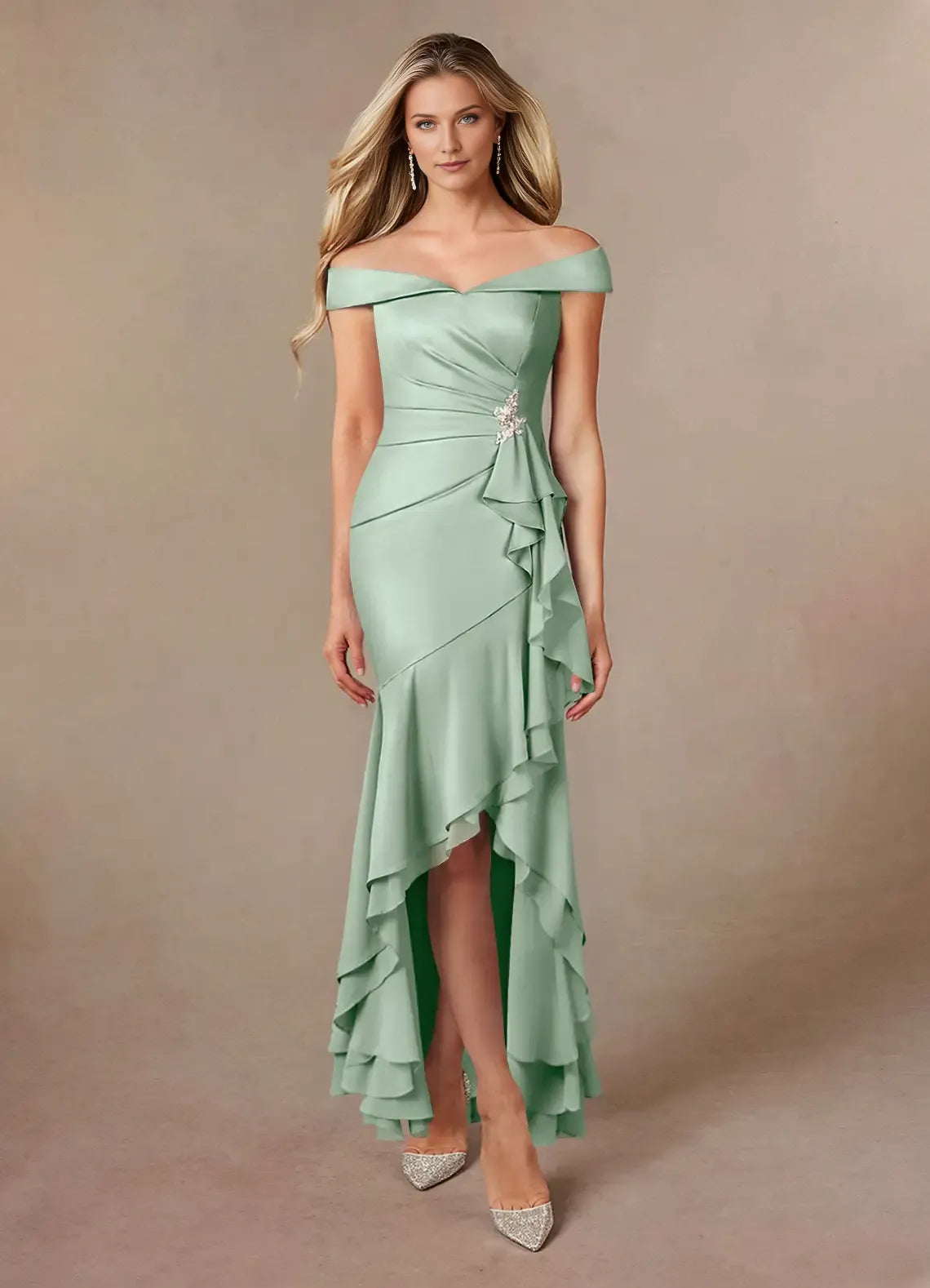 Charming Mermaid Off the Shoulder Satin Cold Shoulder Sleeve Back Zip Asymmetrical Mother of the Bride Dress for female guests for sale
