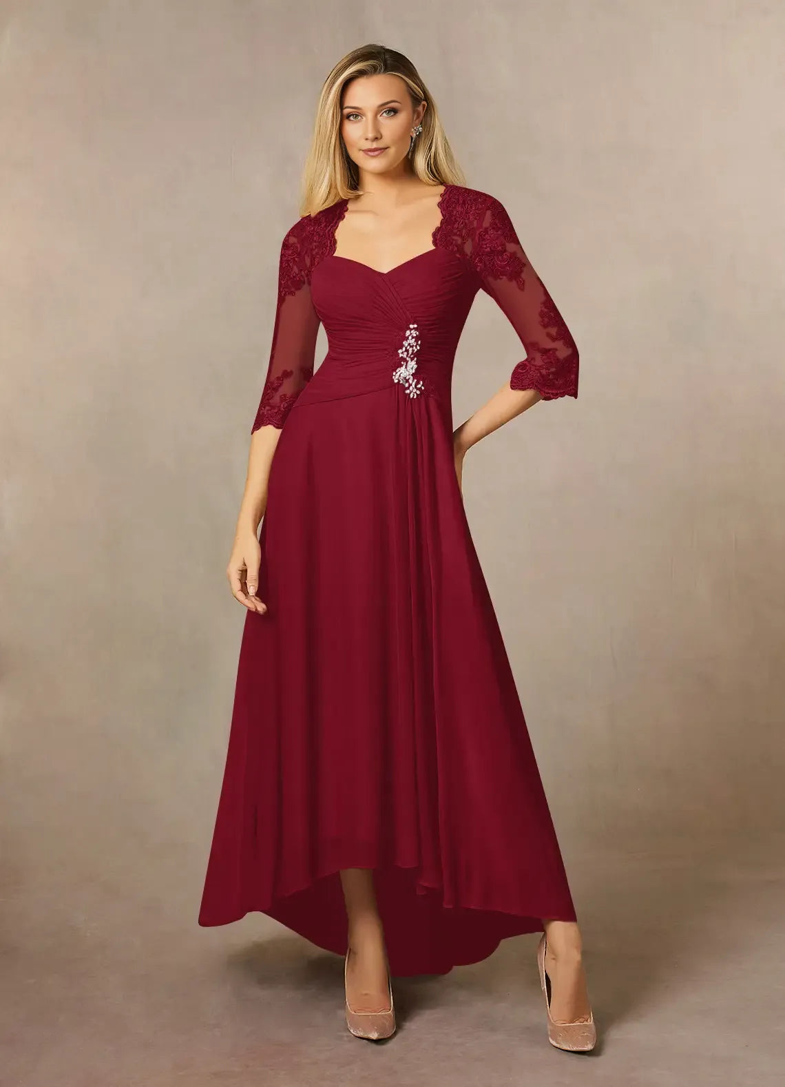Charming Sheath Burgundy Sweetheart Sequins Three-Quarter Sleeve Illusion Back Zip Asymmetrical Mother of the Bride Dress for women hot sale