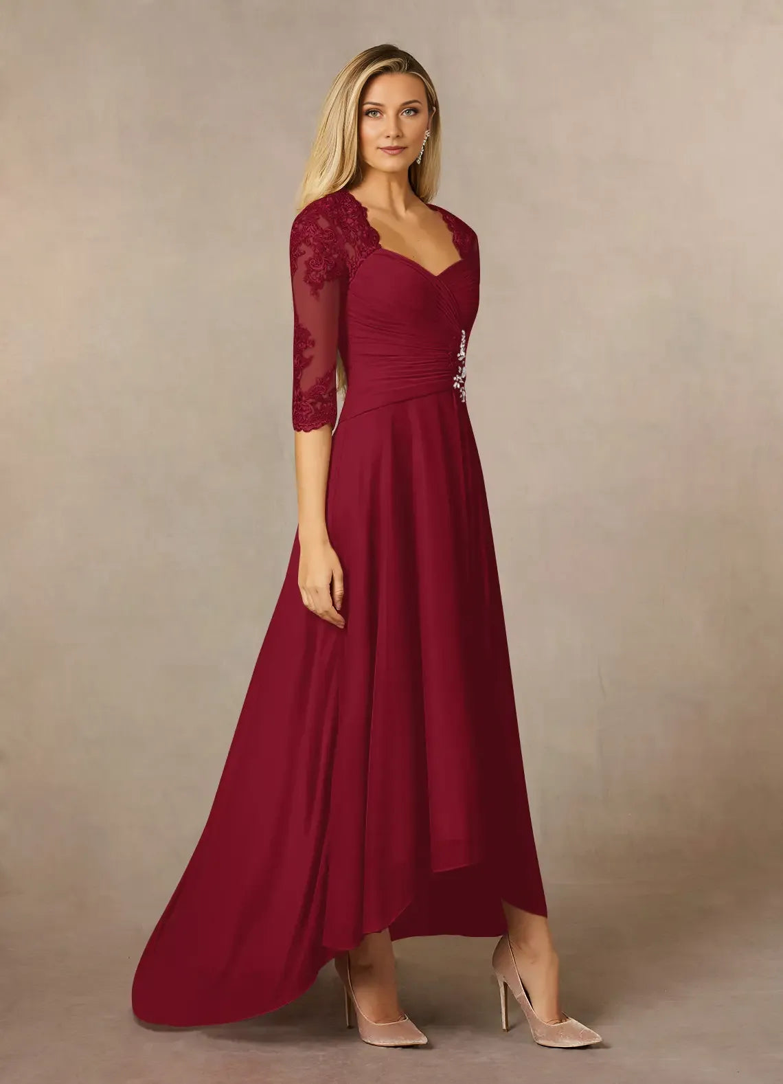 Charming Sheath Burgundy Sweetheart Sequins Three-Quarter Sleeve Illusion Back Zip Asymmetrical Mother of the Bride Dress for women hot sale