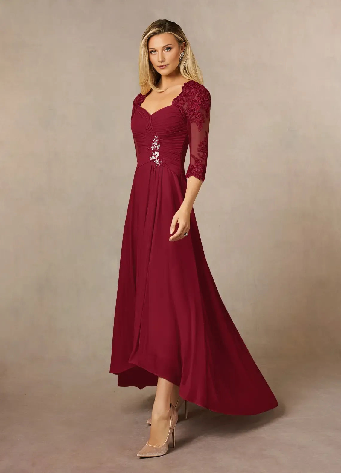 Charming Sheath Burgundy Sweetheart Sequins Three-Quarter Sleeve Illusion Back Zip Asymmetrical Mother of the Bride Dress for women hot sale
