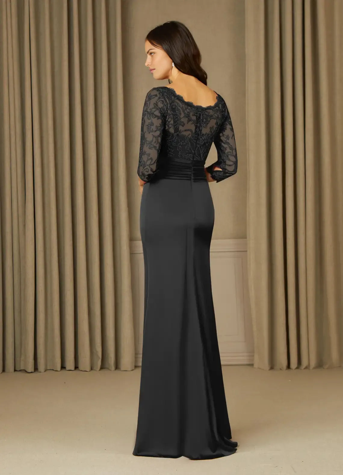 Classic Black Mermaid Lace Scoop Neck Three-Quarter Sleeve Scoop Back Zip Floor-Length Mother of the Bride Dress for sale for ladies