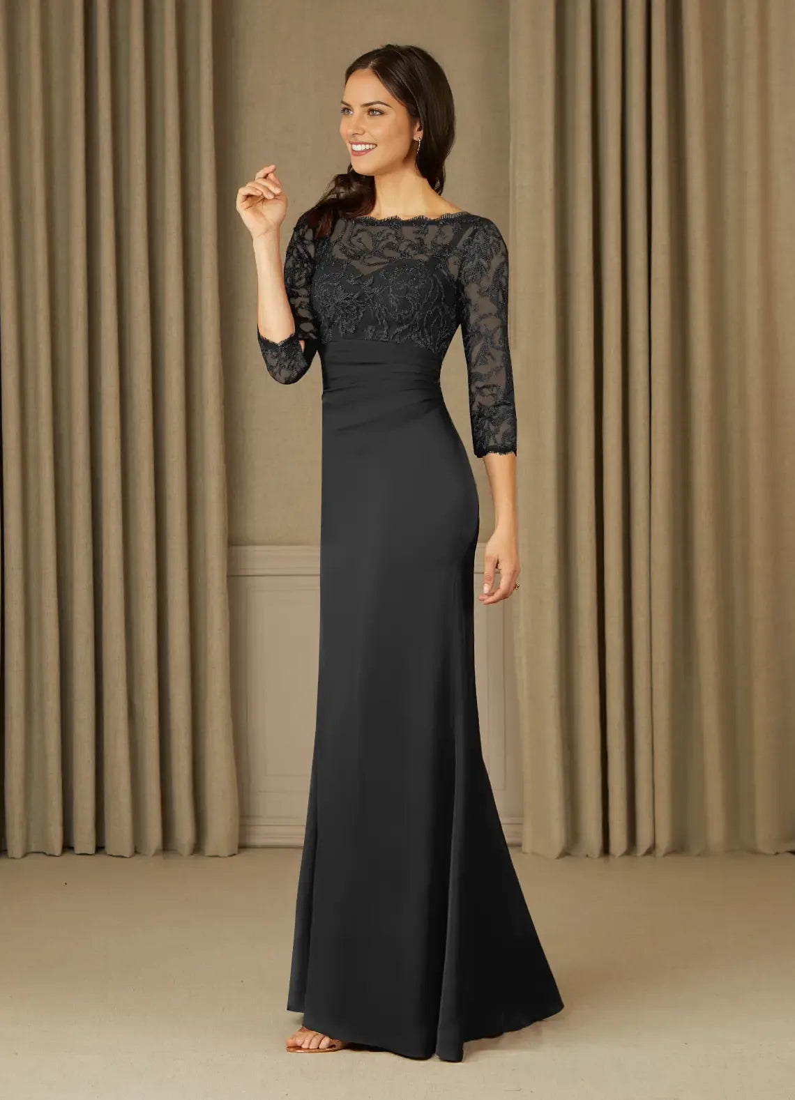 Classic Black Mermaid Lace Scoop Neck Three-Quarter Sleeve Scoop Back Zip Floor-Length Mother of the Bride Dress for sale for ladies