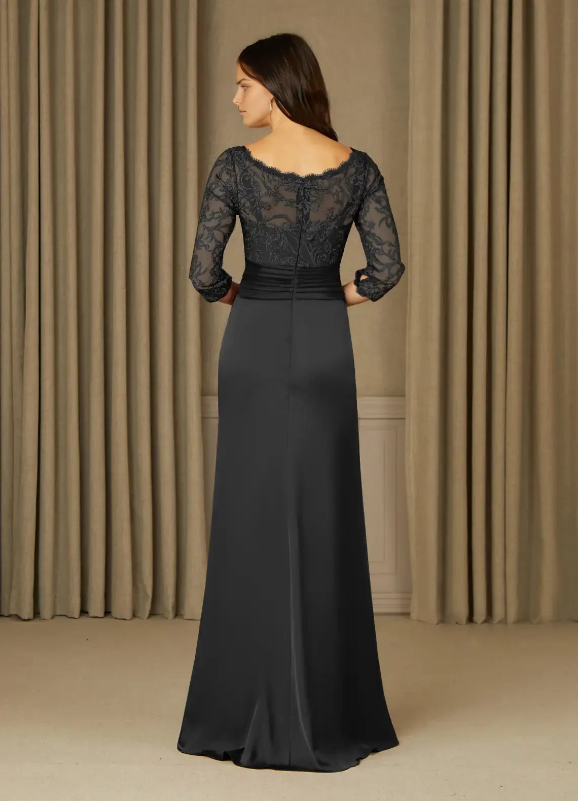 Classic Black Mermaid Lace Scoop Neck Three-Quarter Sleeve Scoop Back Zip Floor-Length Mother of the Bride Dress for sale for ladies