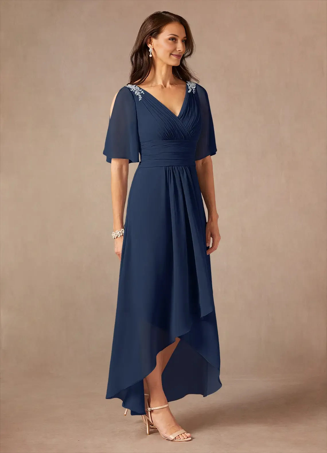 Classic Dark Navy A-Line V-Neck Flutter Sleeve Back Zip Asymmetrical Mother of the Bride Dress for female guests hot sale