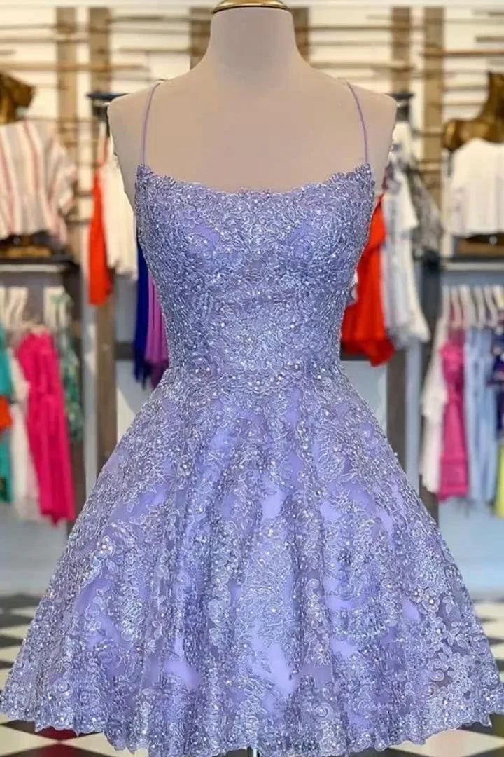 Classic Spaghetti Straps A-Line Lace Appliques Cocktail Homecoming Dress